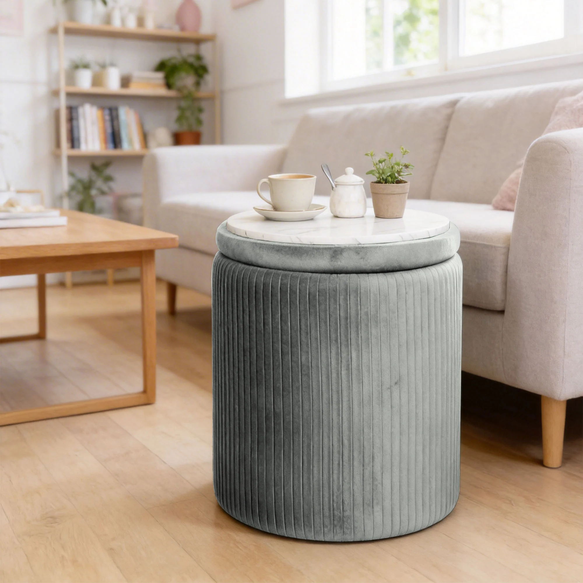 Round Storage Ottoman, Velvet-feel Fabric Upholstered Foot Stool with Removable Top, Padded Seat and Hidden Space for Living Room, Bedroom, Grey - Image 4