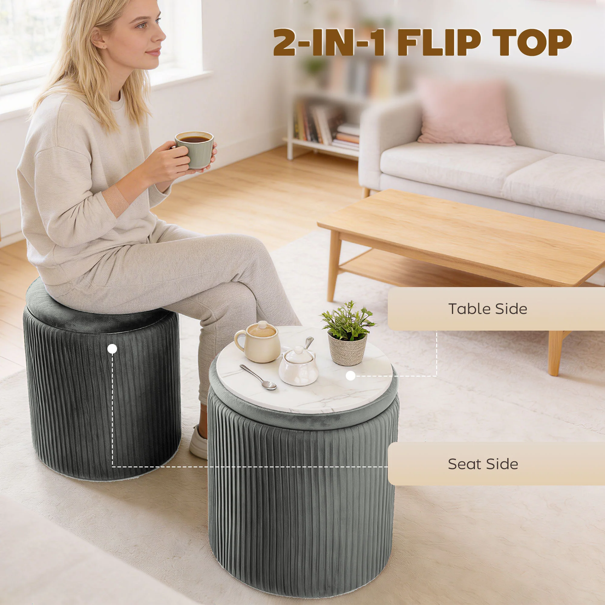 Round Storage Ottoman, Velvet-feel Fabric Upholstered Foot Stool with Removable Top, Padded Seat and Hidden Space for Living Room, Bedroom, Grey - Image 6