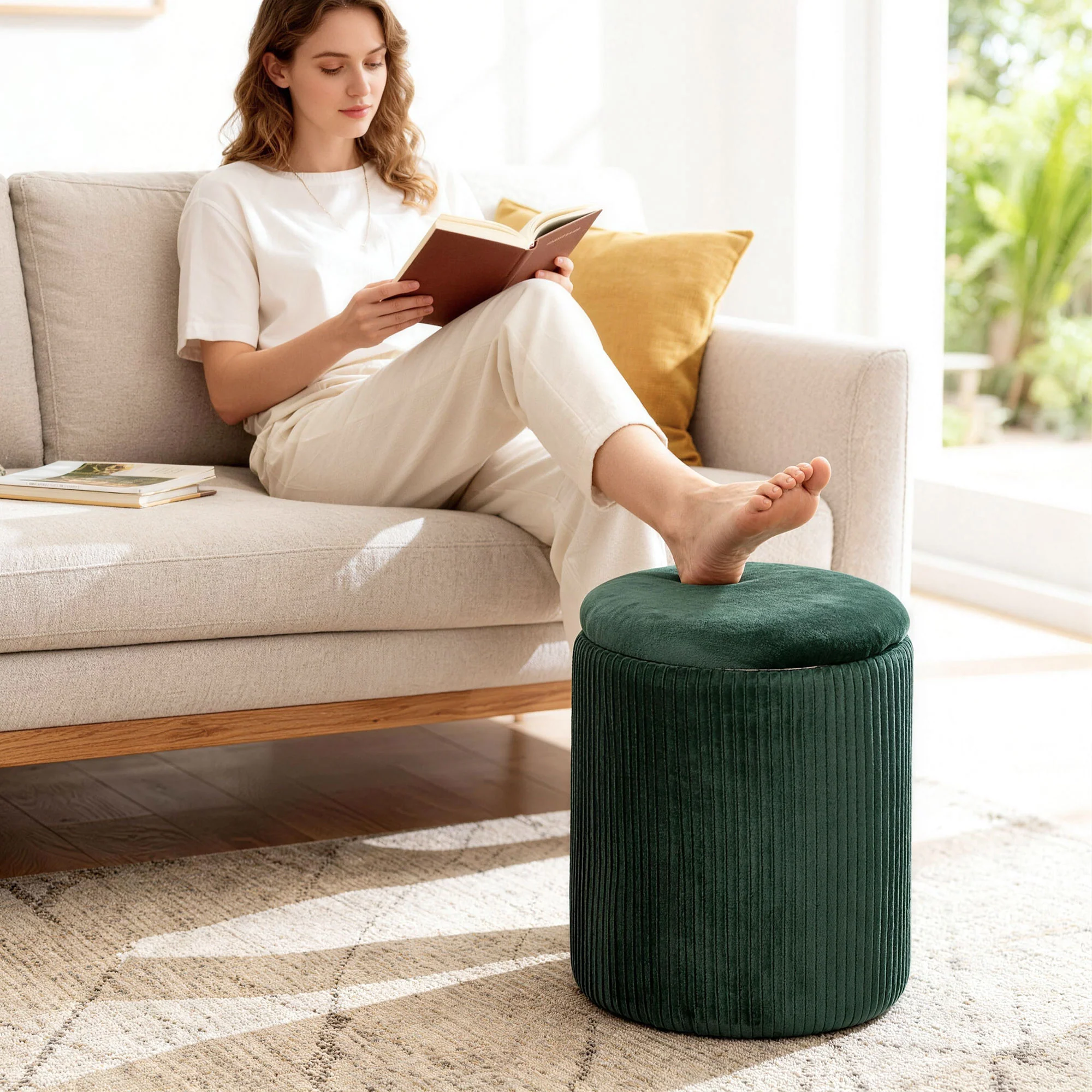 Round Storage Ottoman, Velvet-feel Fabric Upholstered Foot Stool with Removable Top, Padded Seat and Hidden Space for Living Room, Bedroom, Dark Green - Image 11