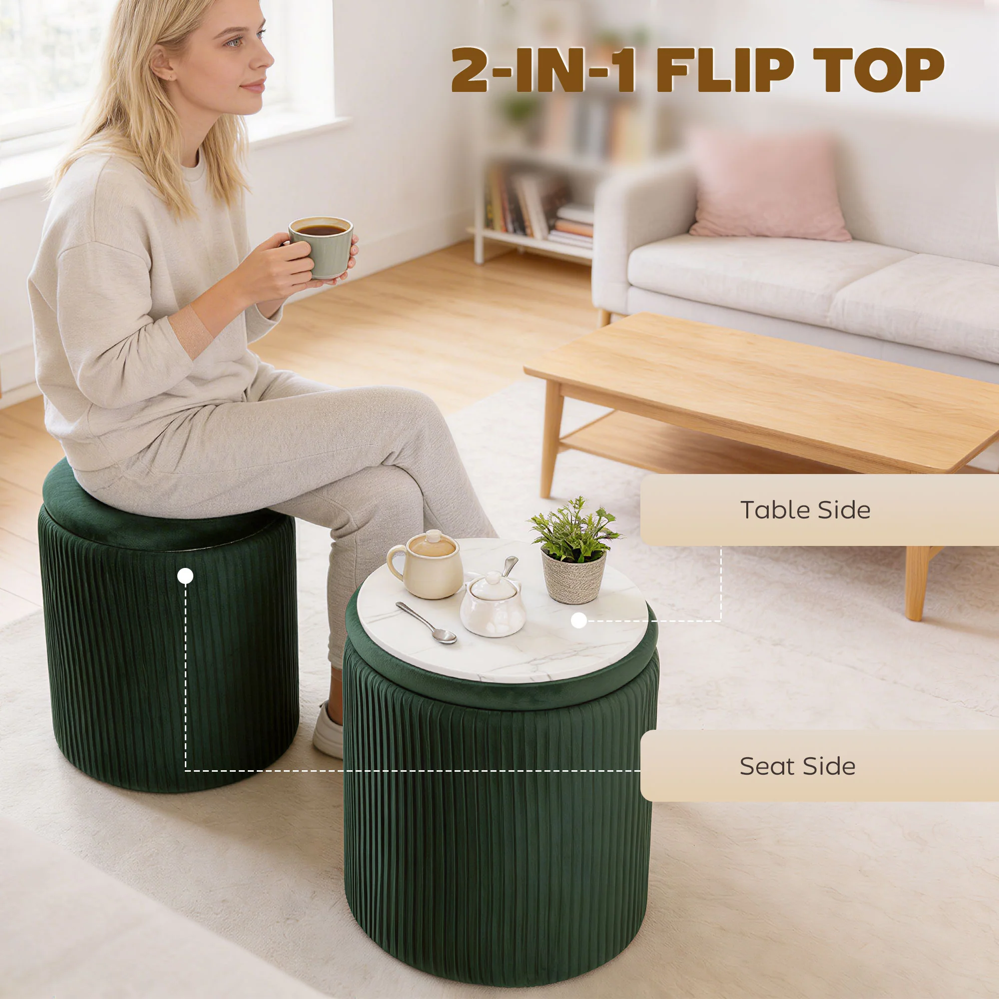 Round Storage Ottoman, Velvet-feel Fabric Upholstered Foot Stool with Removable Top, Padded Seat and Hidden Space for Living Room, Bedroom, Dark Green - Image 6