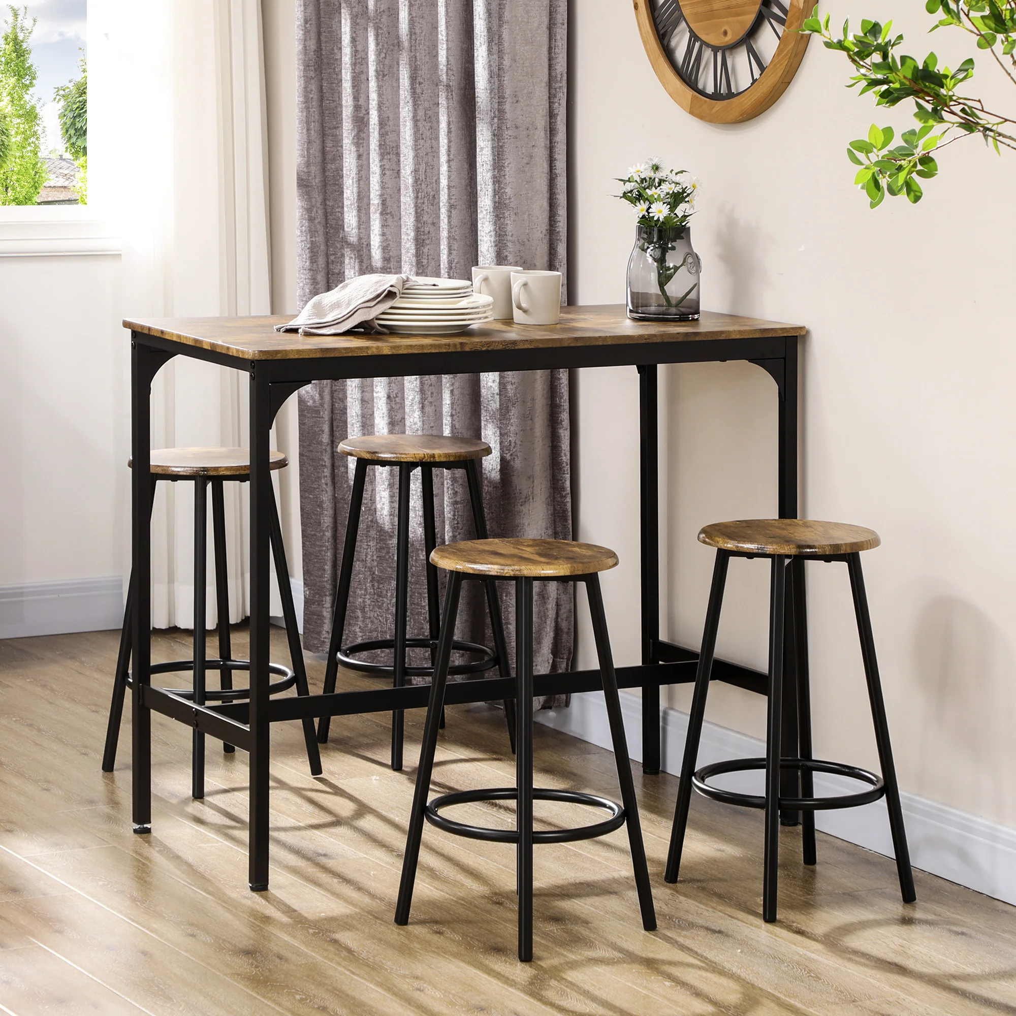 5 Piece Counter Height Bar Table and Chairs Set Bar Table with Stools Rustic Brown - Image 3