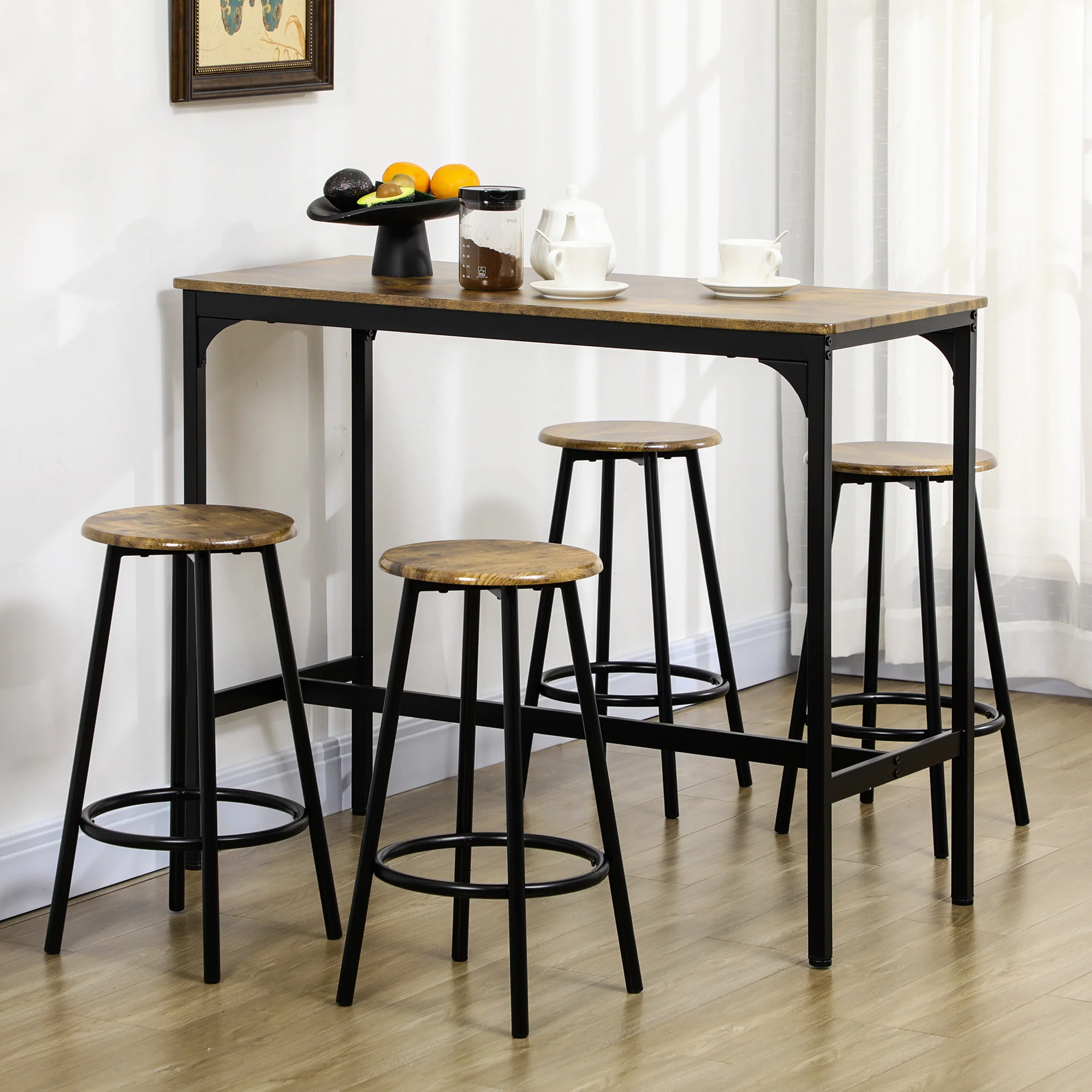 5 Piece Counter Height Bar Table and Chairs Set Bar Table with Stools Rustic Brown - Image 4