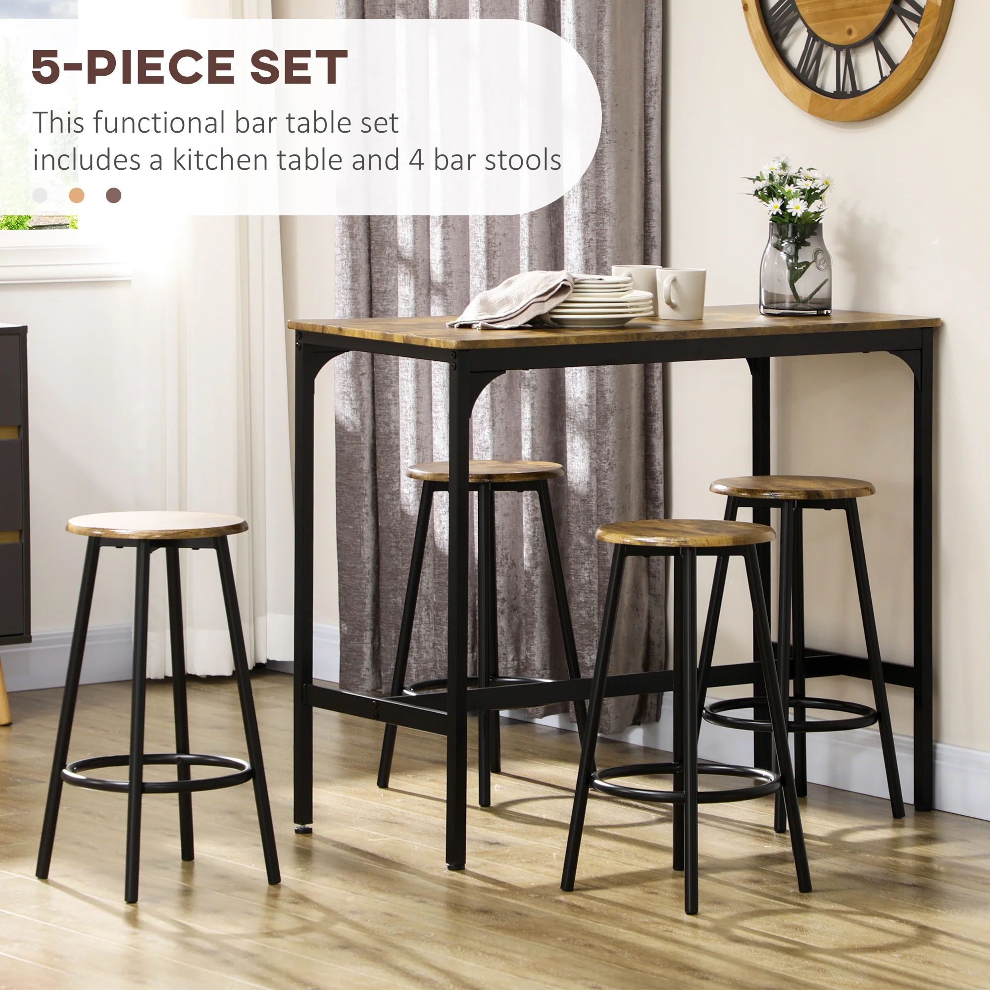 5 Piece Counter Height Bar Table and Chairs Set Bar Table with Stools Rustic Brown - Image 6