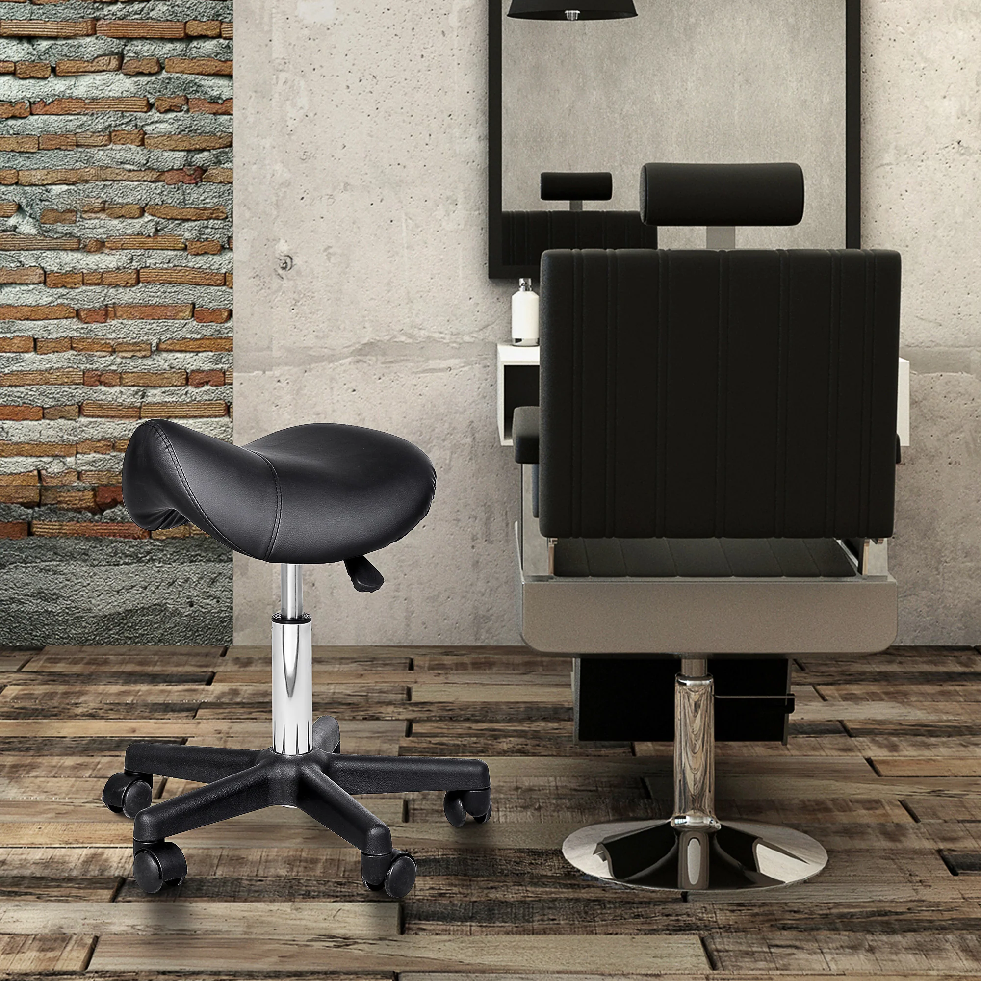 PU Leather Saddle Stool Chair with Wheels, Adjustable Salon Chair for Salon Spa, Black - Image 4