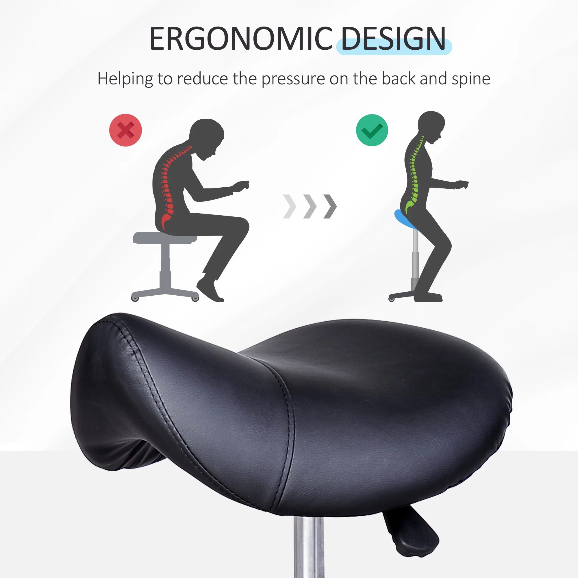 PU Leather Saddle Stool Chair with Wheels, Adjustable Salon Chair for Salon Spa, Black - Image 9