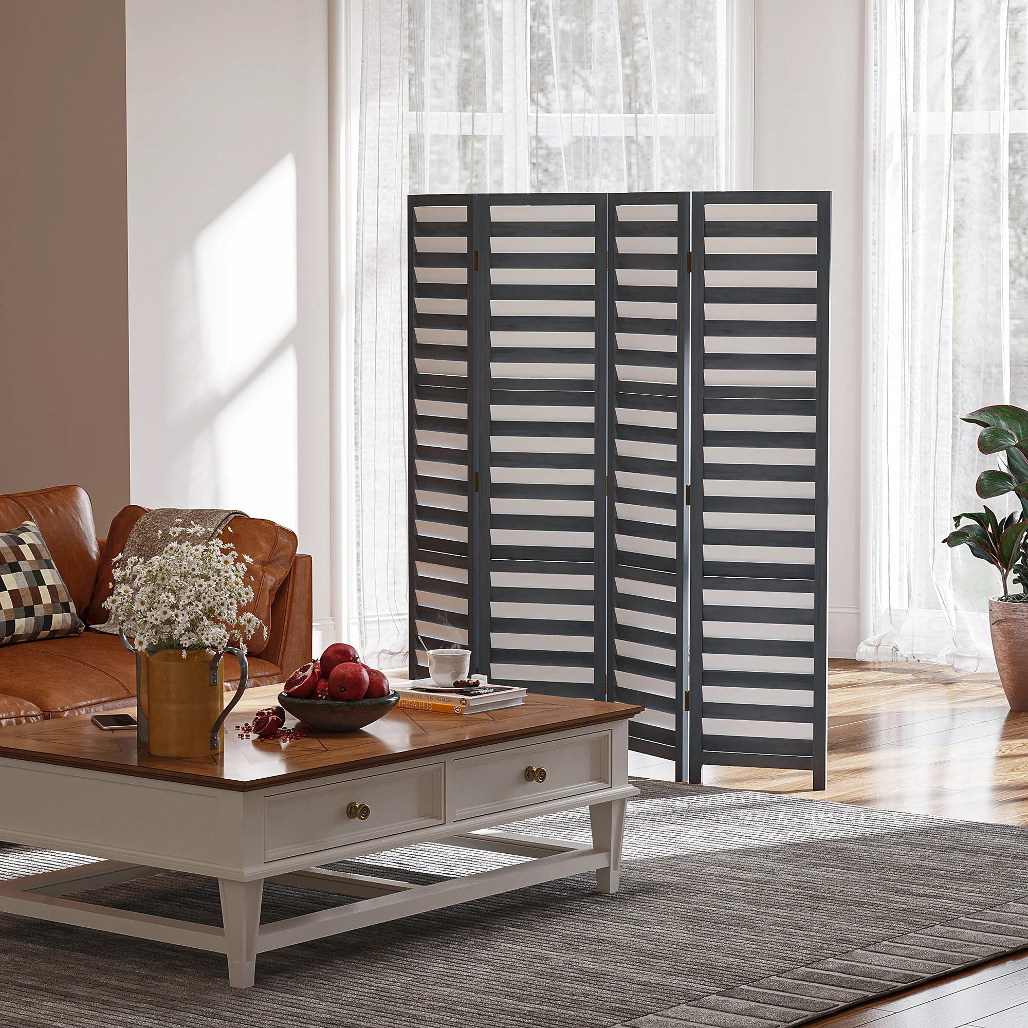 Screen Divider Room Divider with Foldable Design for Indoor Bedroom Office 5.6' White Grey - Image 3