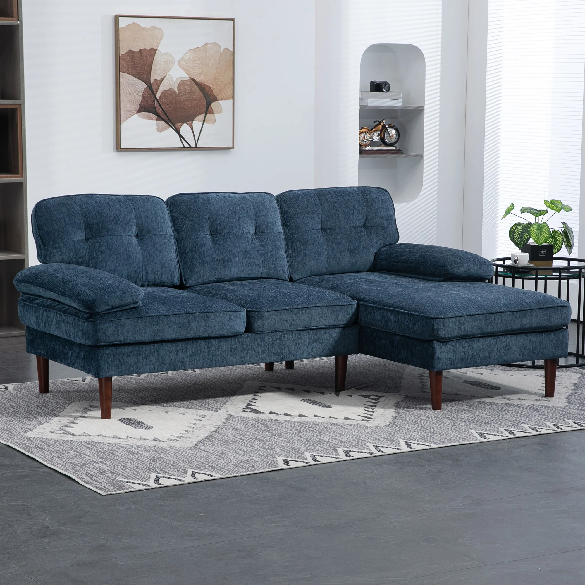 3-Seater Chenille Sectional Sofa with Right Chaise, Navy Blue - Image 3