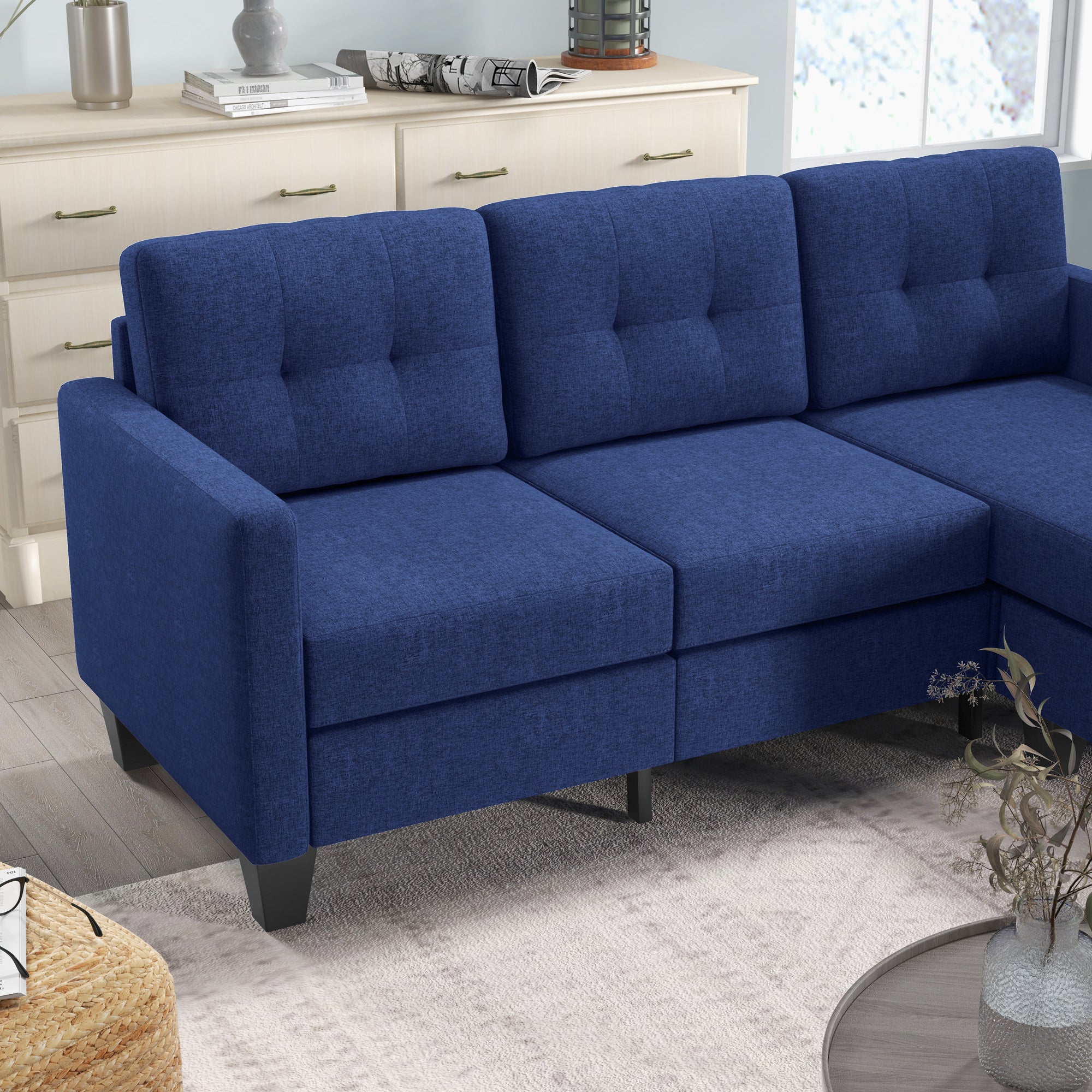 3-Seater Sectional Sofa with Ottoman & Changeable Chaise, Dark Blue - Image 10