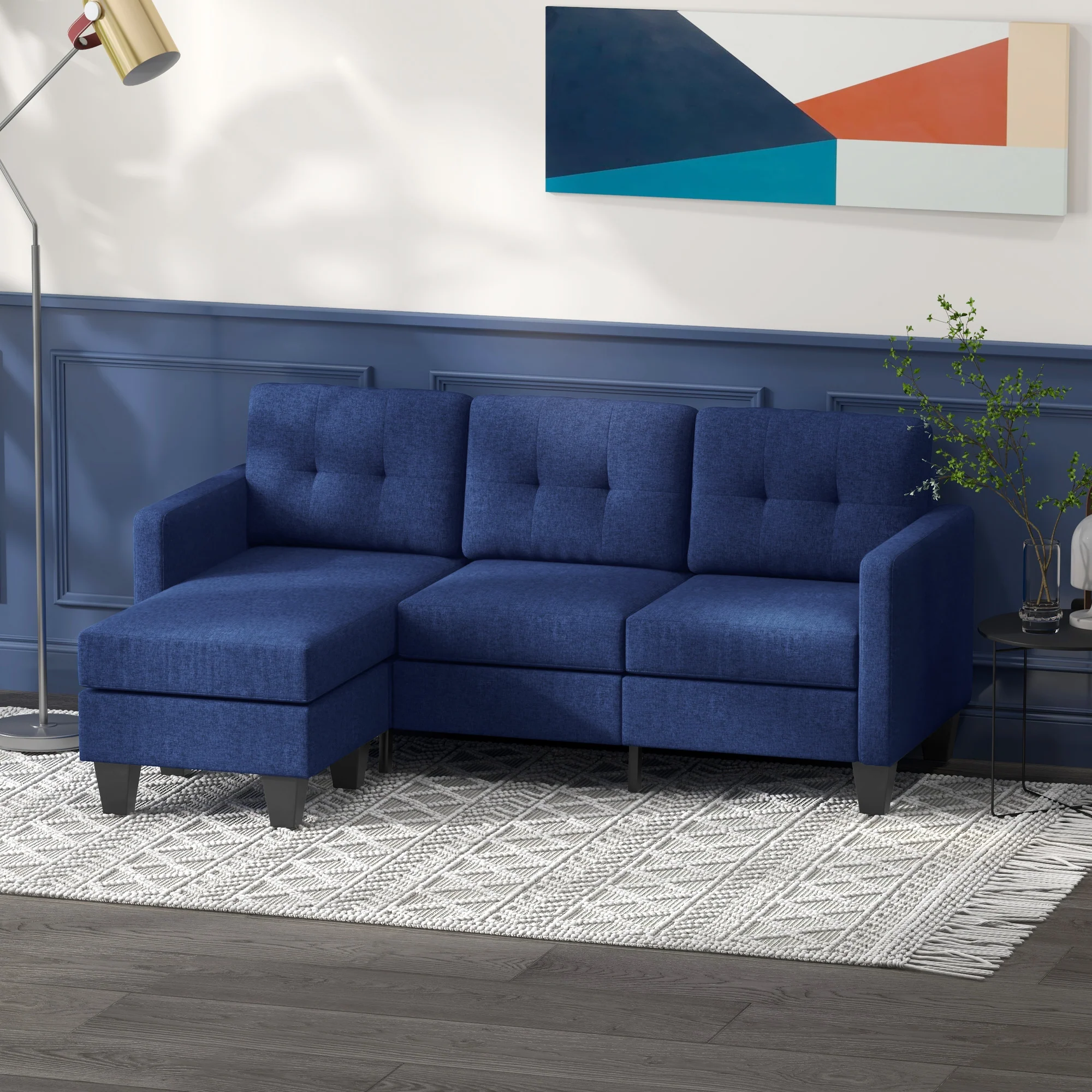 3-Seater Sectional Sofa with Ottoman & Changeable Chaise, Dark Blue - Image 4