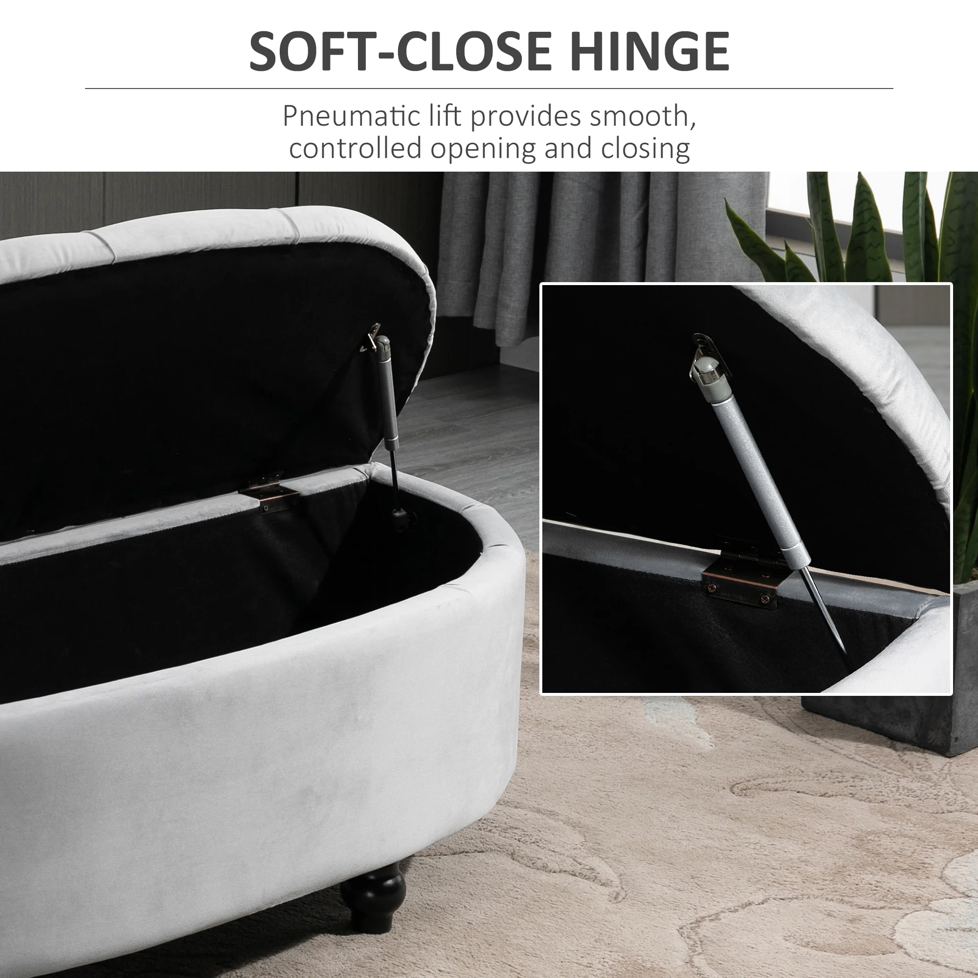 Semi-Circle Ottoman Storage Bench, Bed End Bench w/ Tufted Seat & Rubberwood Legs, Light Grey - Image 7