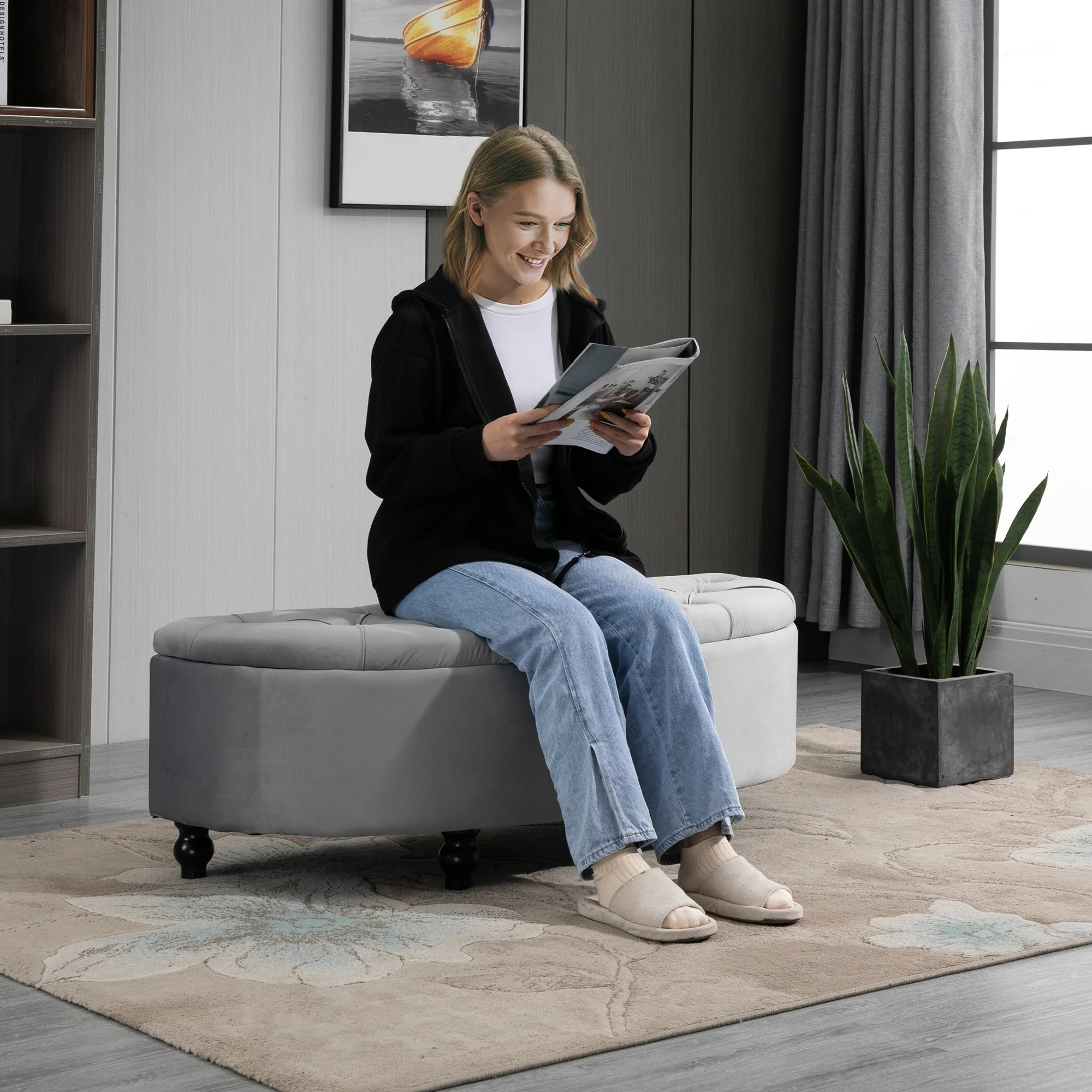 Semi-Circle Ottoman Storage Bench, Bed End Bench w/ Tufted Seat & Rubberwood Legs, Light Grey - Image 9