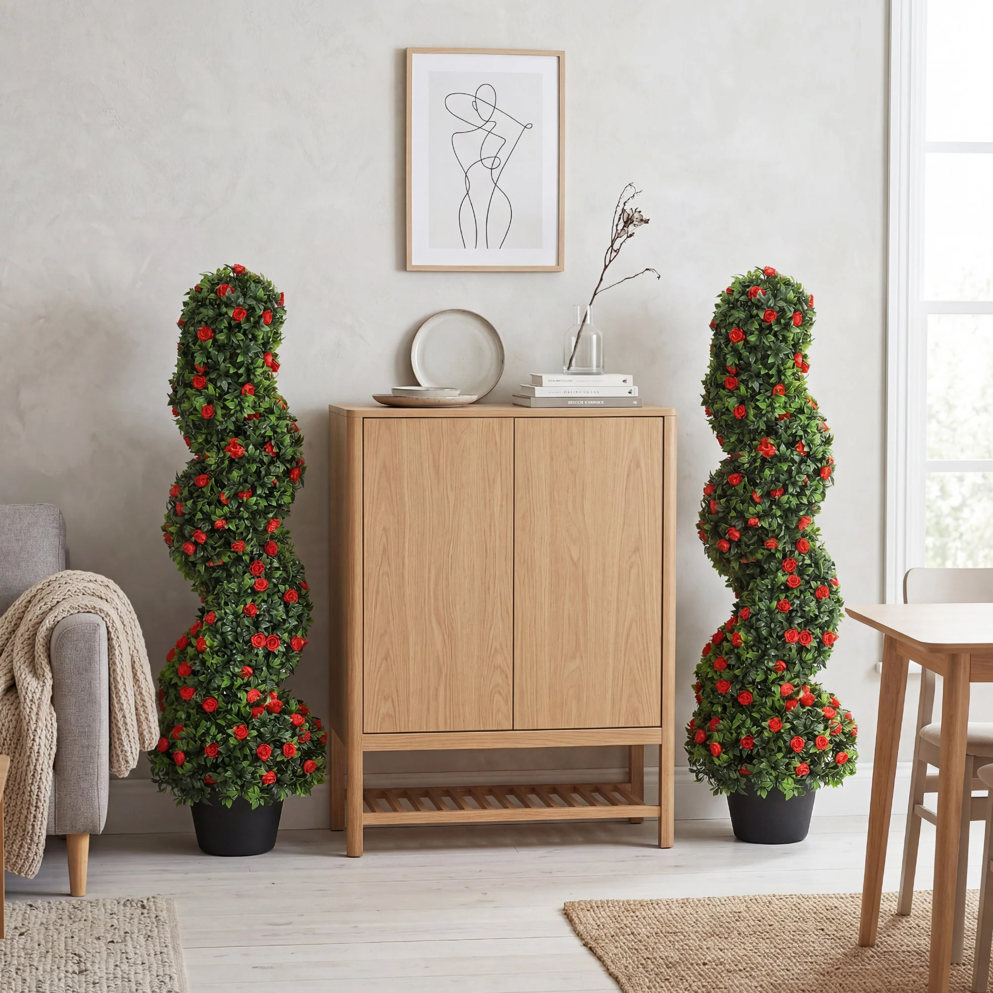 Set of 2 Artificial Rose Spiral Topiary Tree, Indoor Outdoor Artificial Plants with 630 Leaves and 133 Roses, Fake Plants for Home Office Living Room Decor, 90cm, Red - Image 10