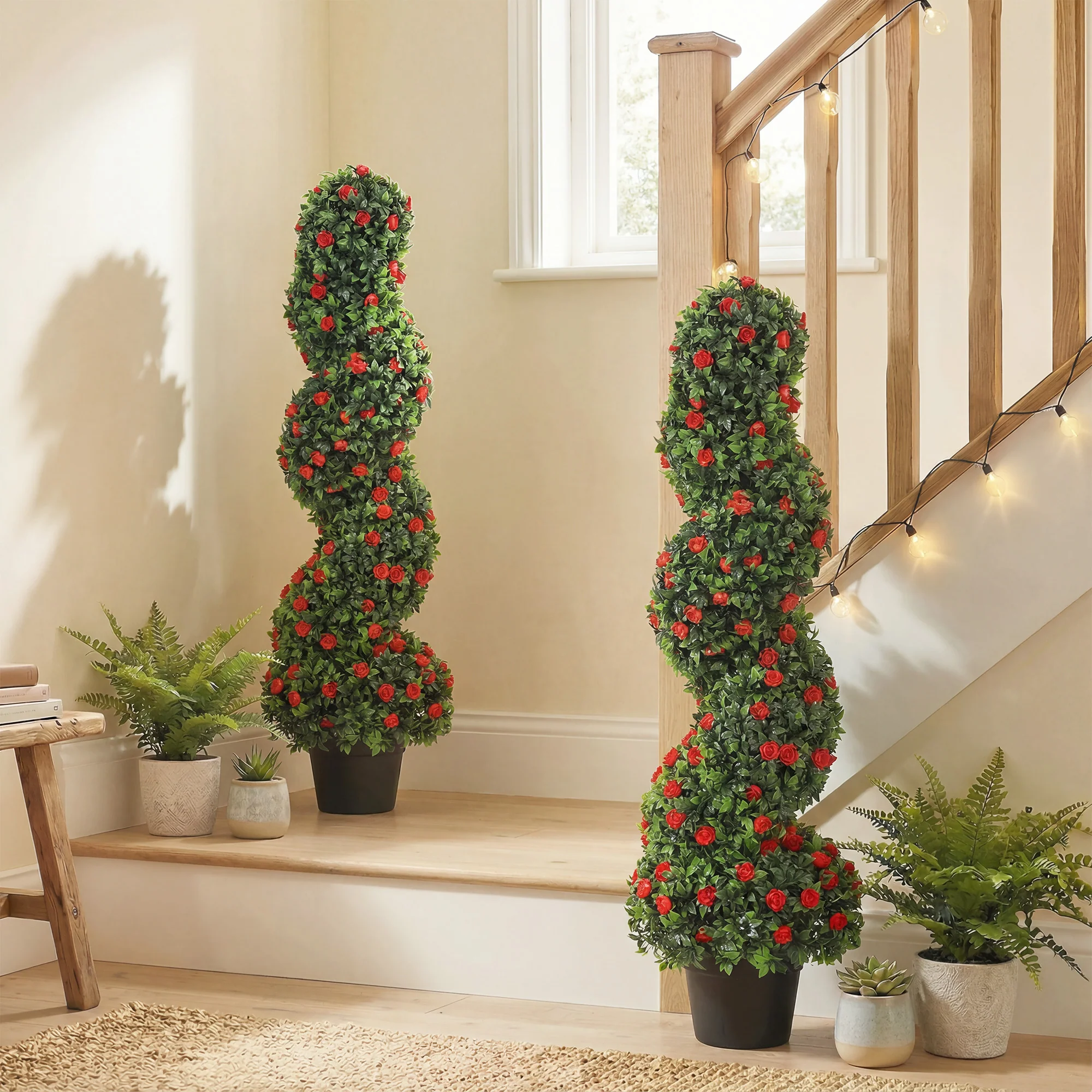 Set of 2 Artificial Rose Spiral Topiary Tree, Indoor Outdoor Artificial Plants with 630 Leaves and 133 Roses, Fake Plants for Home Office Living Room Decor, 90cm, Red - Image 3