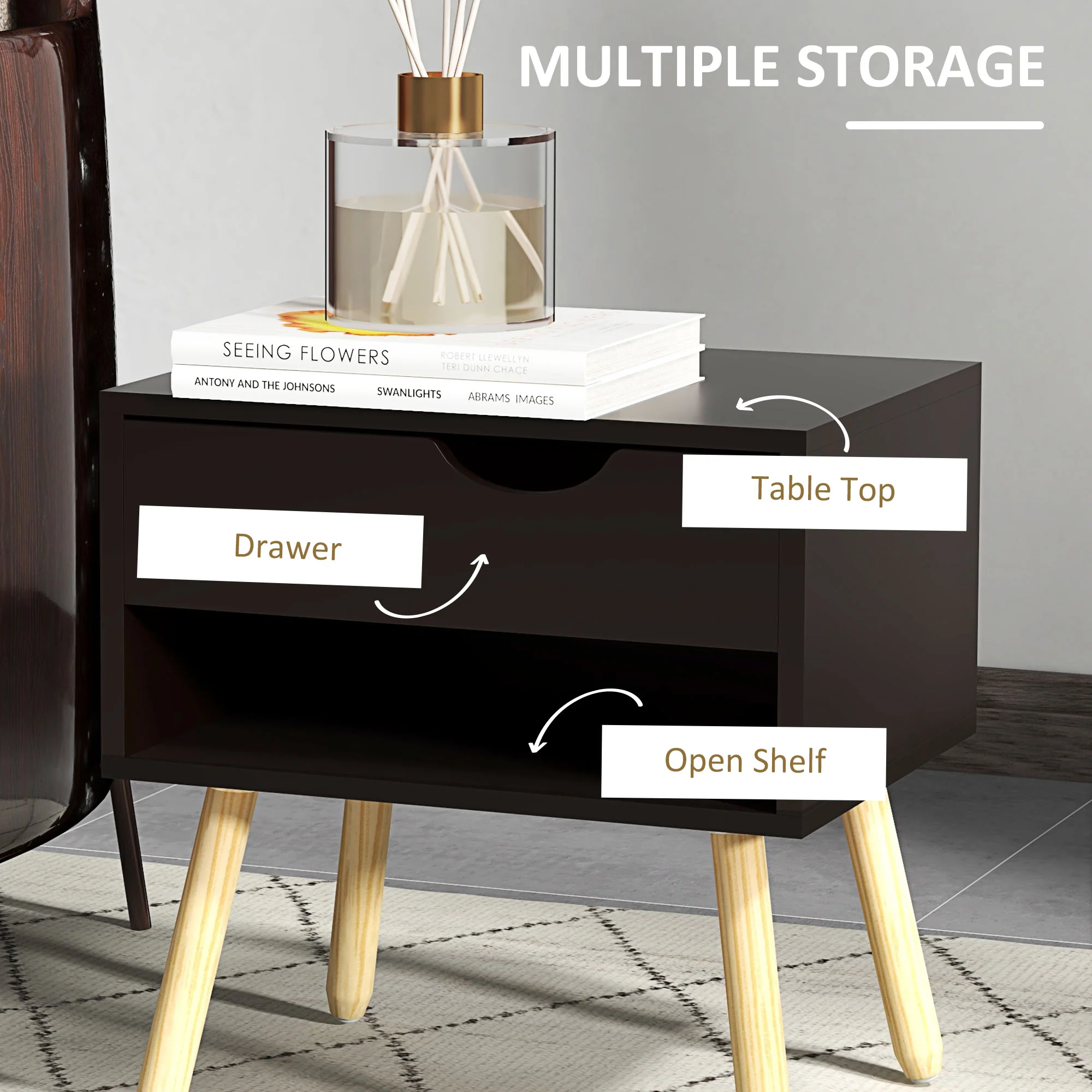 Set of 2 Bedside Table with Drawer and Shelf, Modern Nightstand, End Table for Bedroom, Black - Image 8