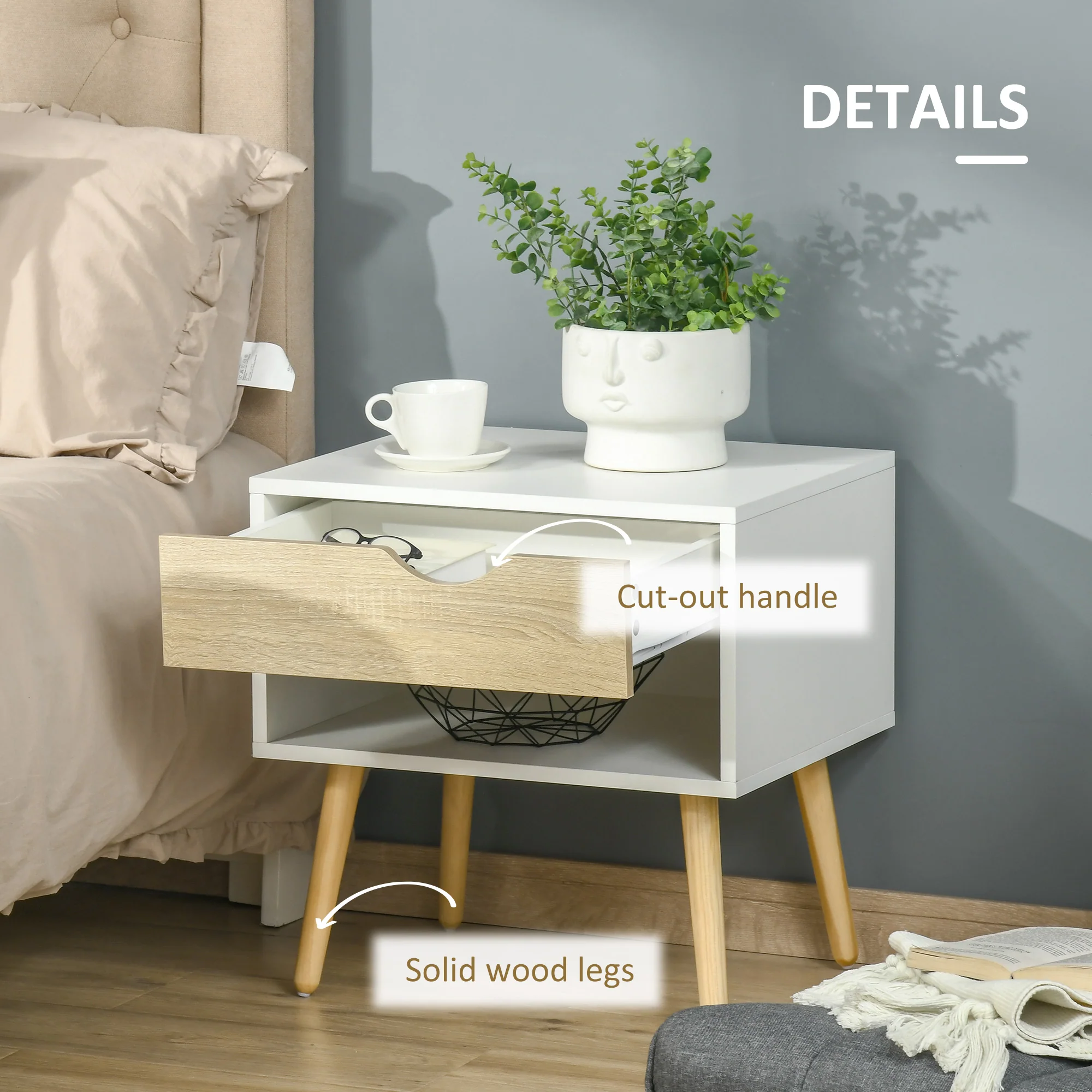 Set of 2 Bedside Table with Drawer and Shelf, Modern Nightstand, End Table for Bedroom, White - Image 7