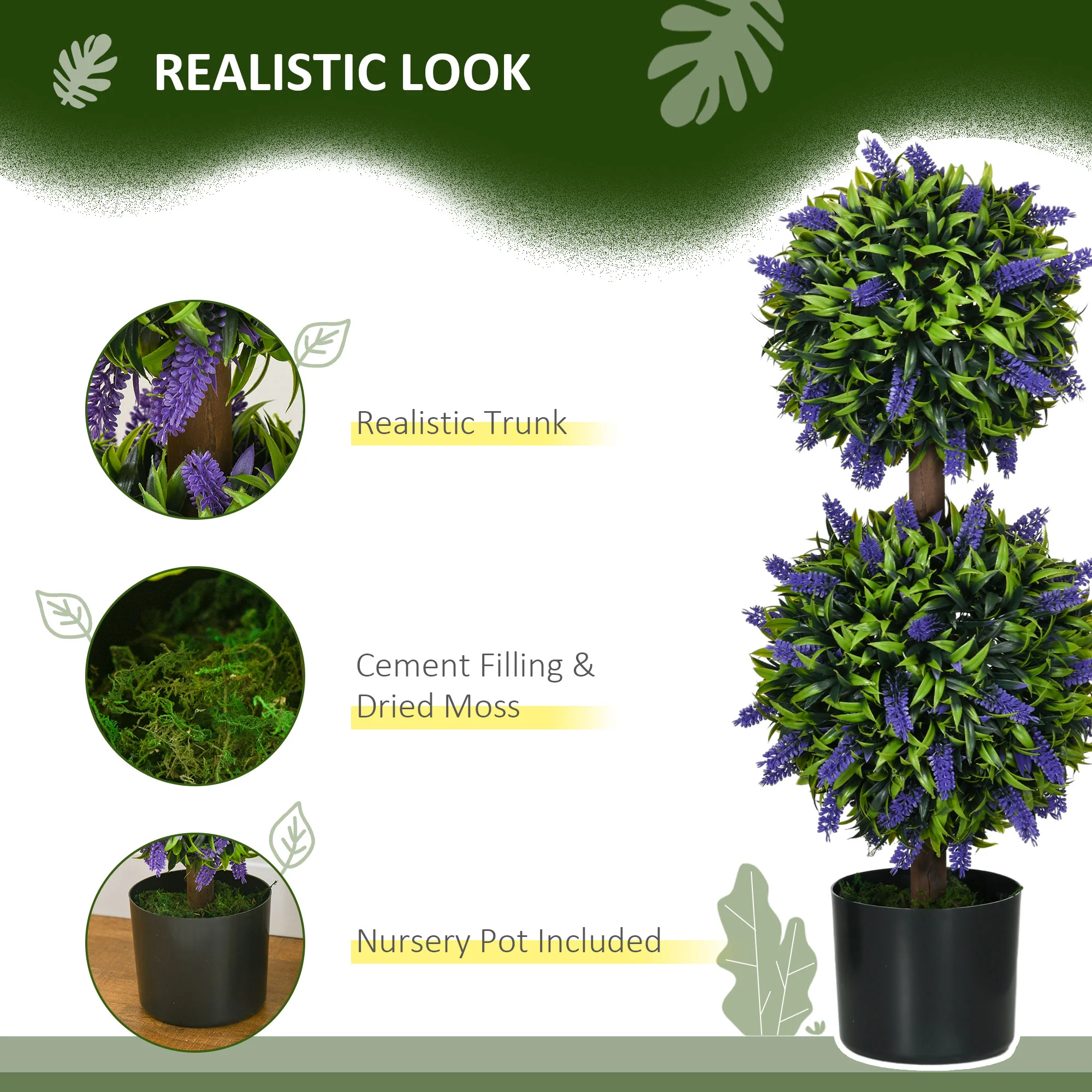 Set of 2 Decorative Artificial Plants Ball Trees with Lavender Flowers, 70cm, Green - Image 7