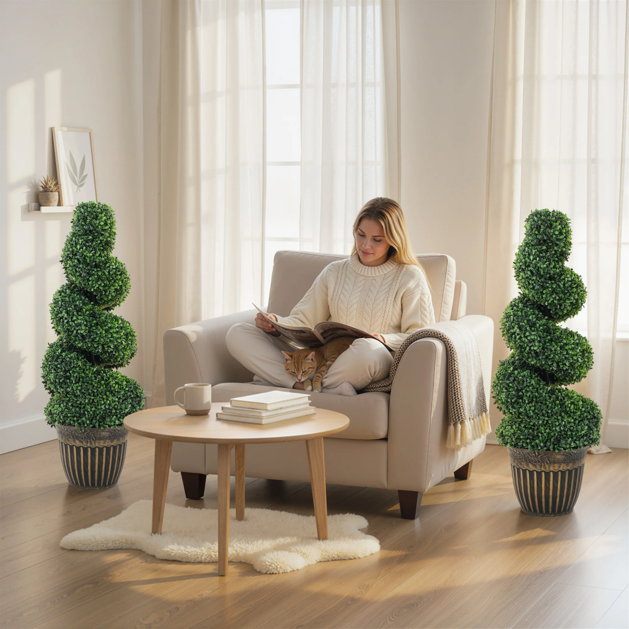 Set of 2 Decorative Artificial Plants Topiary Spiral Boxwood Trees in Pot, 90cm, Light Green - Image 4