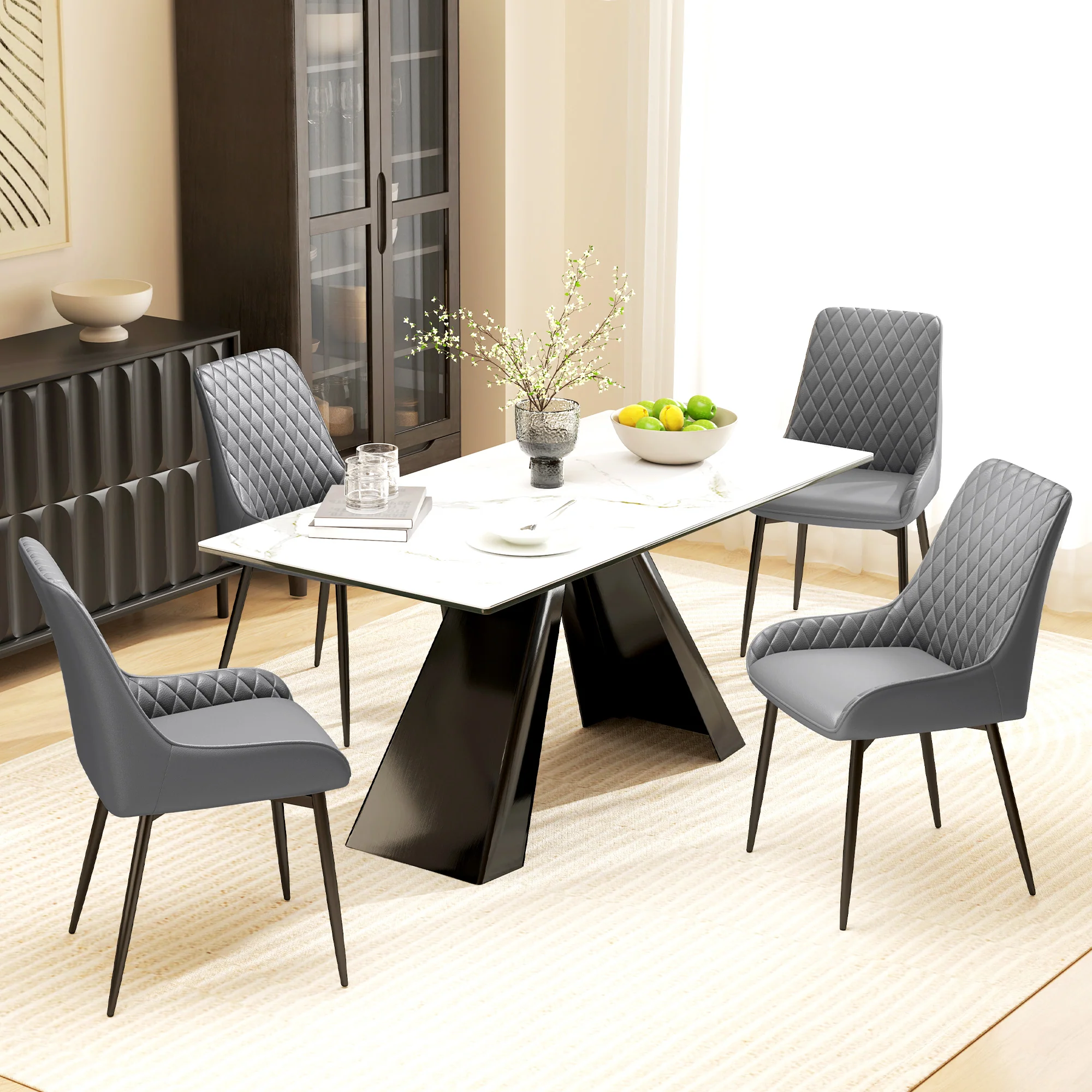 Set of 2 Quilted PU Leather Dining Chairs with Metal Frame 4 Legs Foot Caps Home Seating, Grey - Image 3