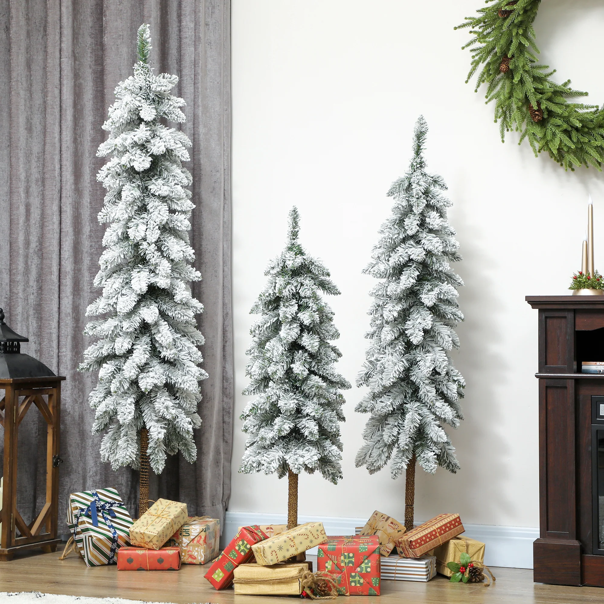 Set of 3 Pencil Flocked Christmas Tree, 3ft 4ft 5ft Slim Downswept Xmas Tree with Metal Stand - Image 10