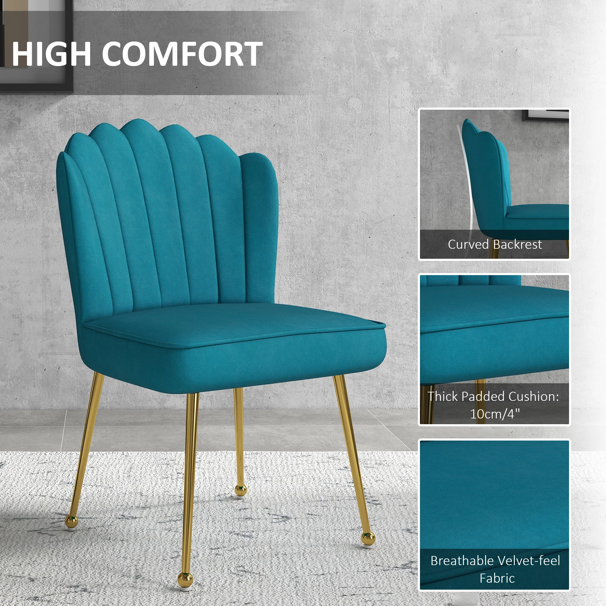 Shell Luxe Velvet Accent Chair with Gold-tone Metal Legs, Modern Vanity Chair, Blue - Image 6