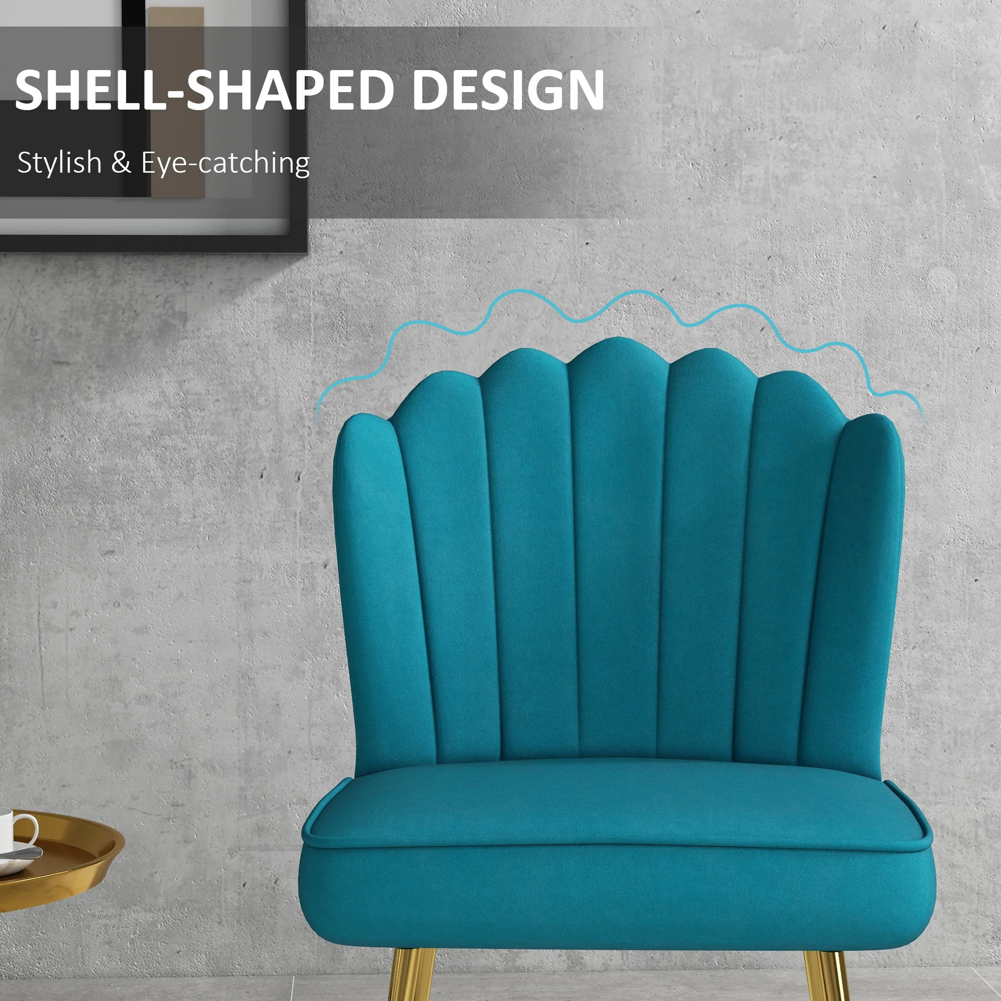 Shell Luxe Velvet Accent Chair with Gold-tone Metal Legs, Modern Vanity Chair, Blue - Image 7