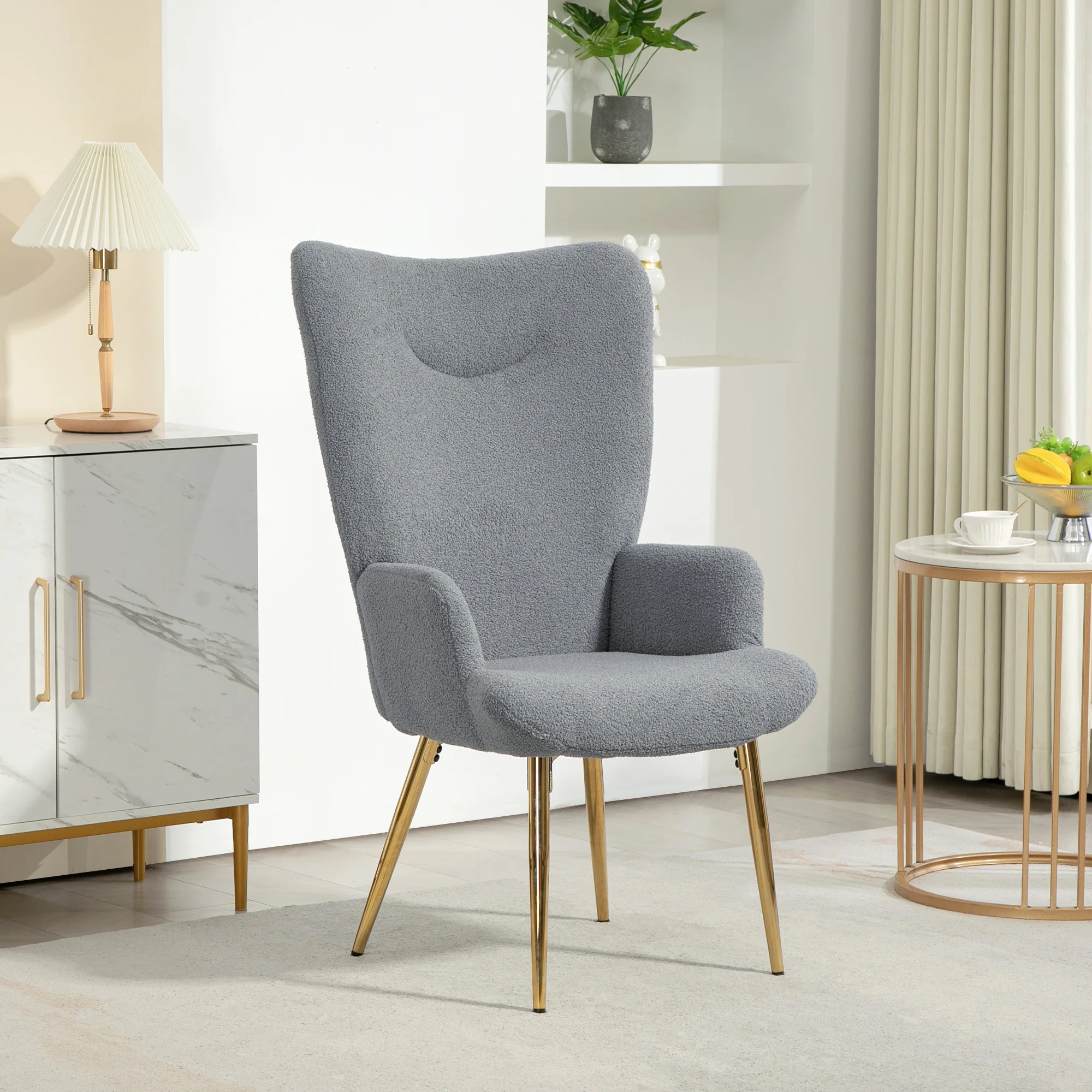 Sherpa Boucle Wingback Accent Chair with Metal Legs for Living Room Bedroom Grey - Image 3