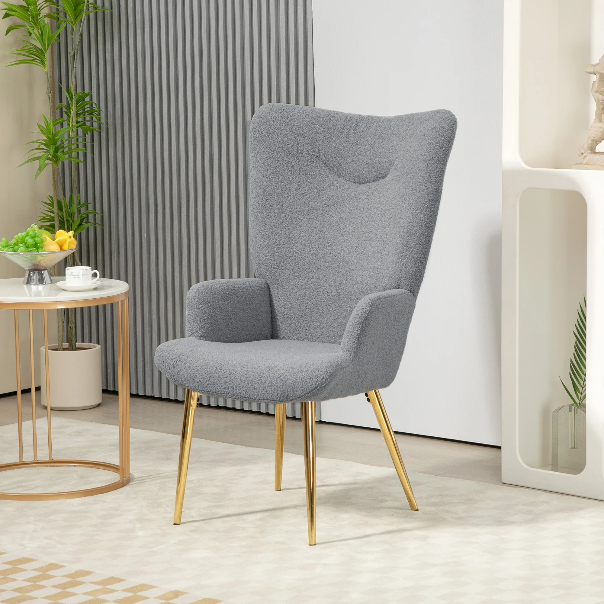 Sherpa Boucle Wingback Accent Chair with Metal Legs for Living Room Bedroom Grey - Image 4