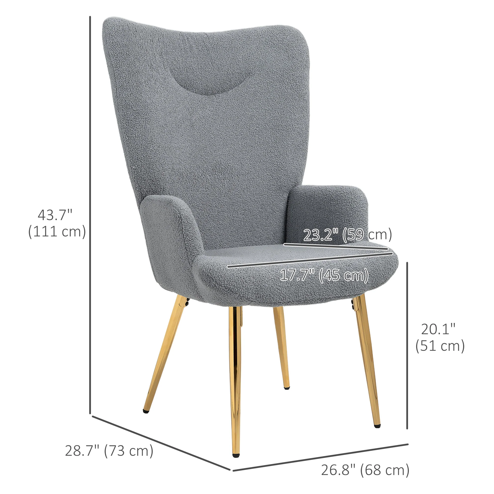Sherpa Boucle Wingback Accent Chair with Metal Legs for Living Room Bedroom Grey - Image 5