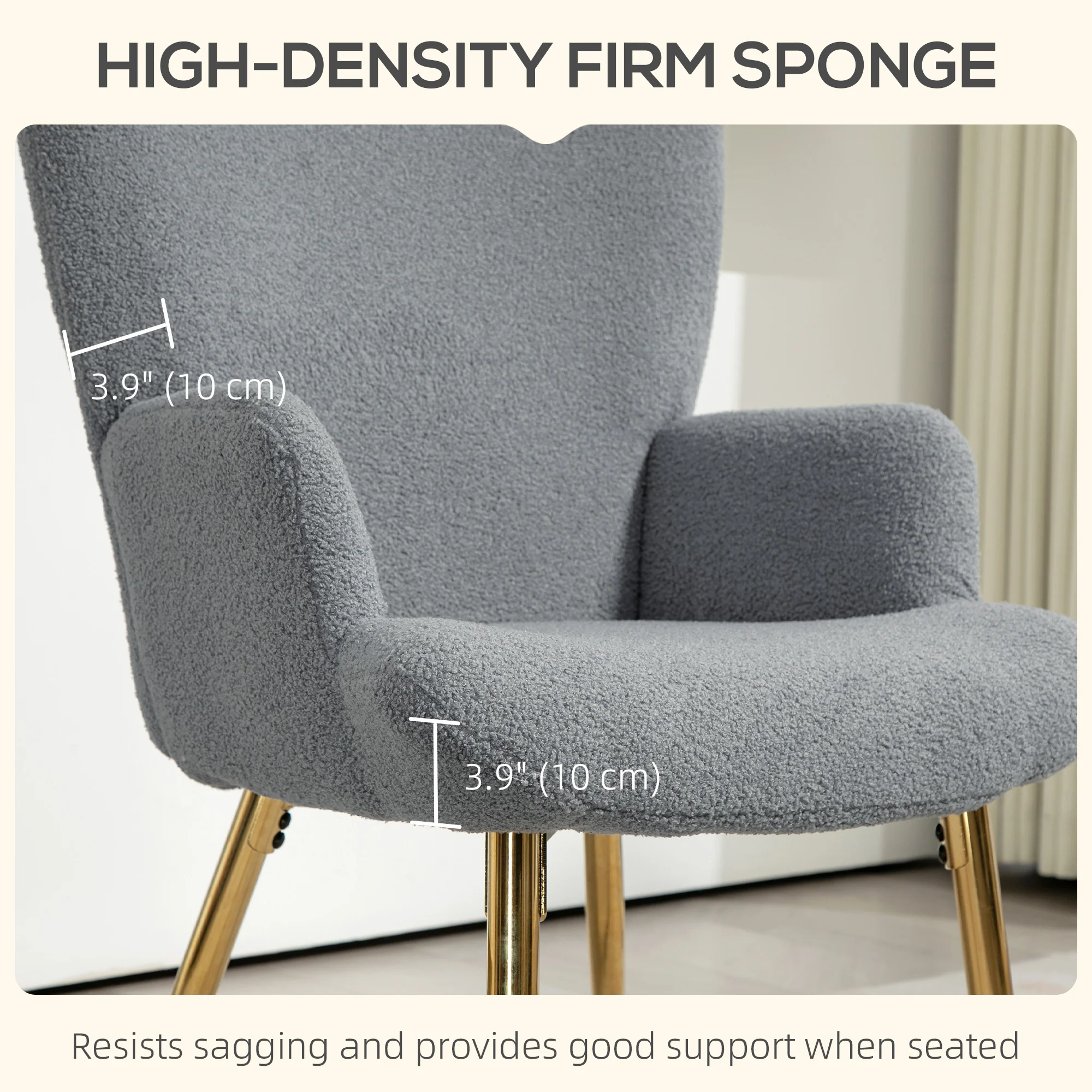 Sherpa Boucle Wingback Accent Chair with Metal Legs for Living Room Bedroom Grey - Image 6