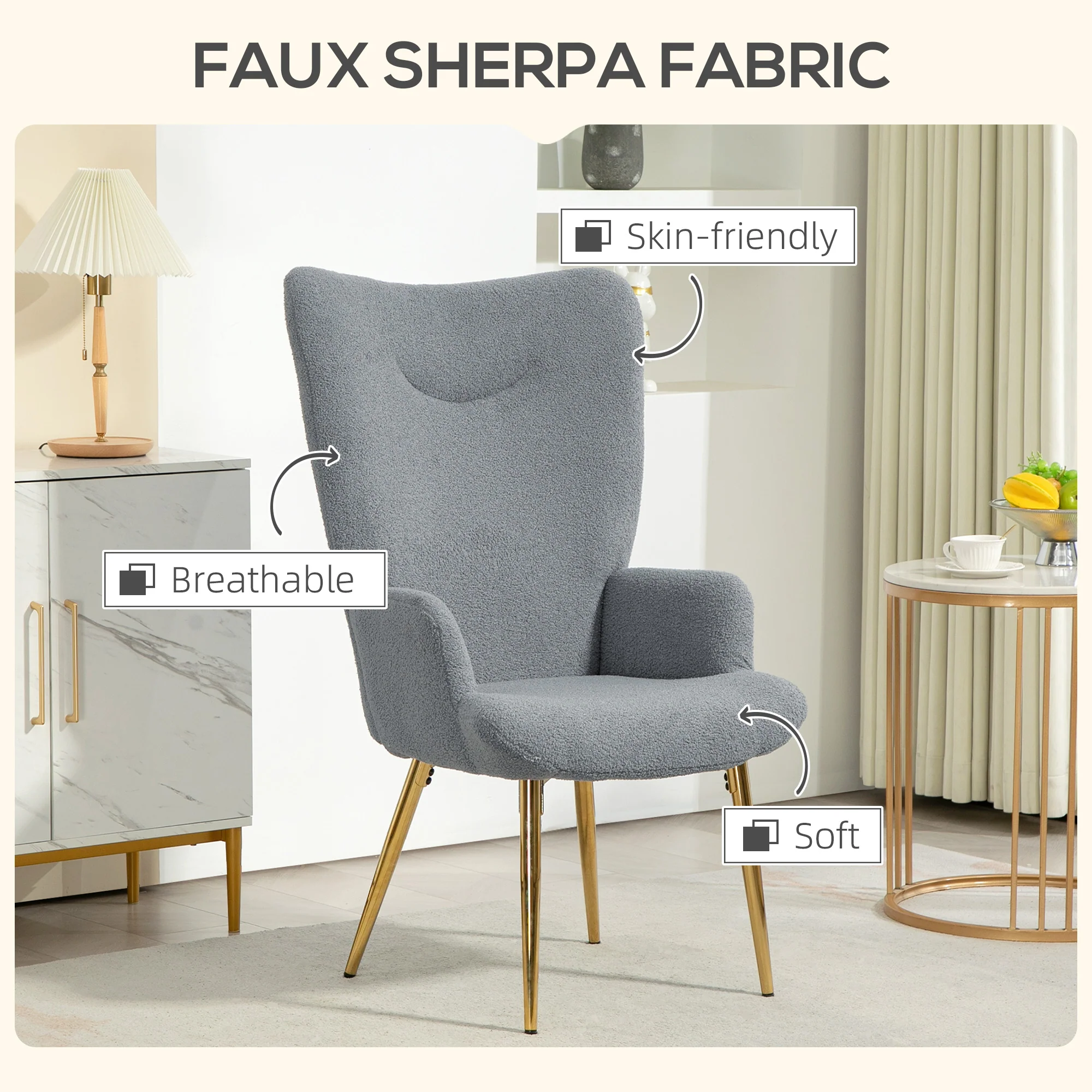 Sherpa Boucle Wingback Accent Chair with Metal Legs for Living Room Bedroom Grey - Image 7