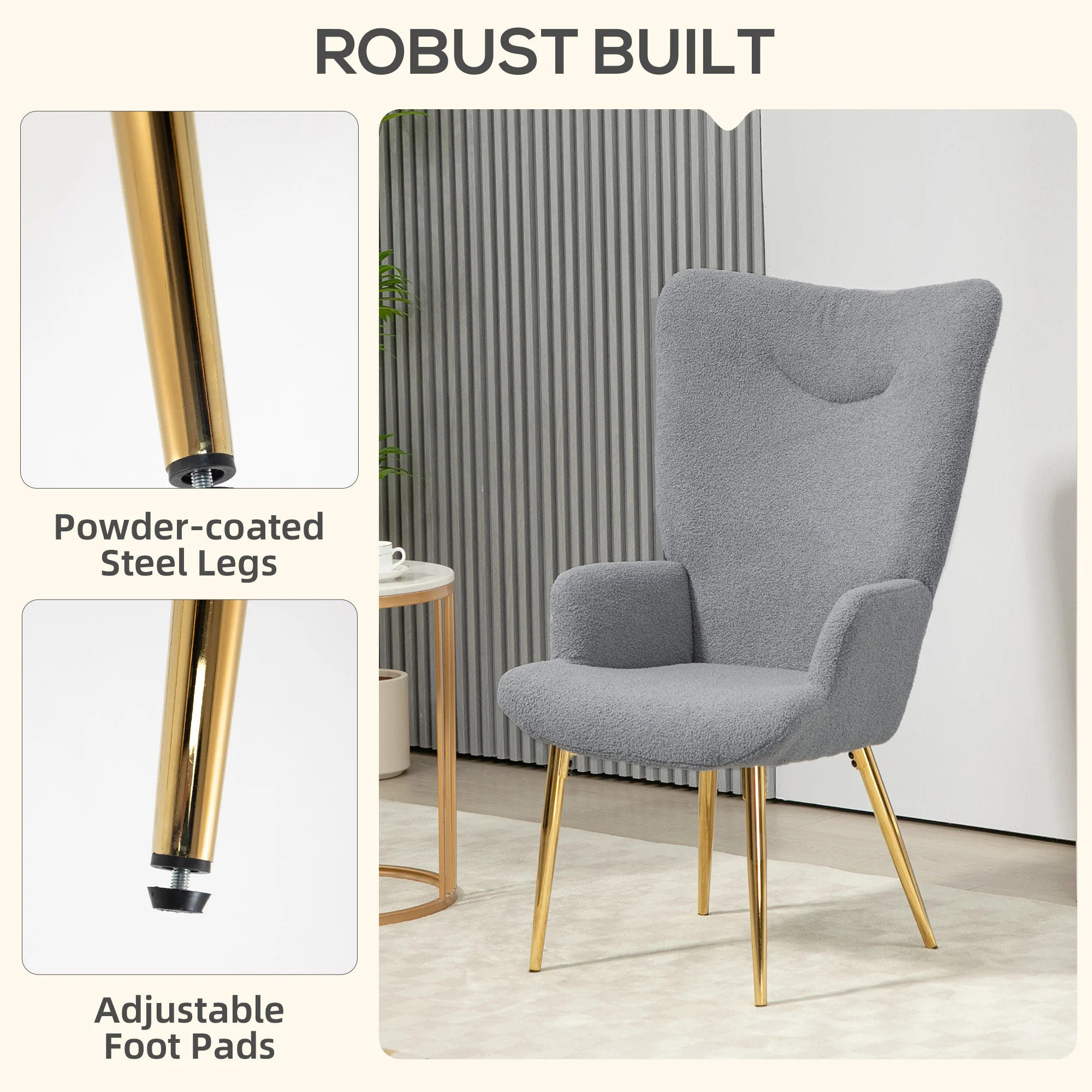 Sherpa Boucle Wingback Accent Chair with Metal Legs for Living Room Bedroom Grey - Image 8