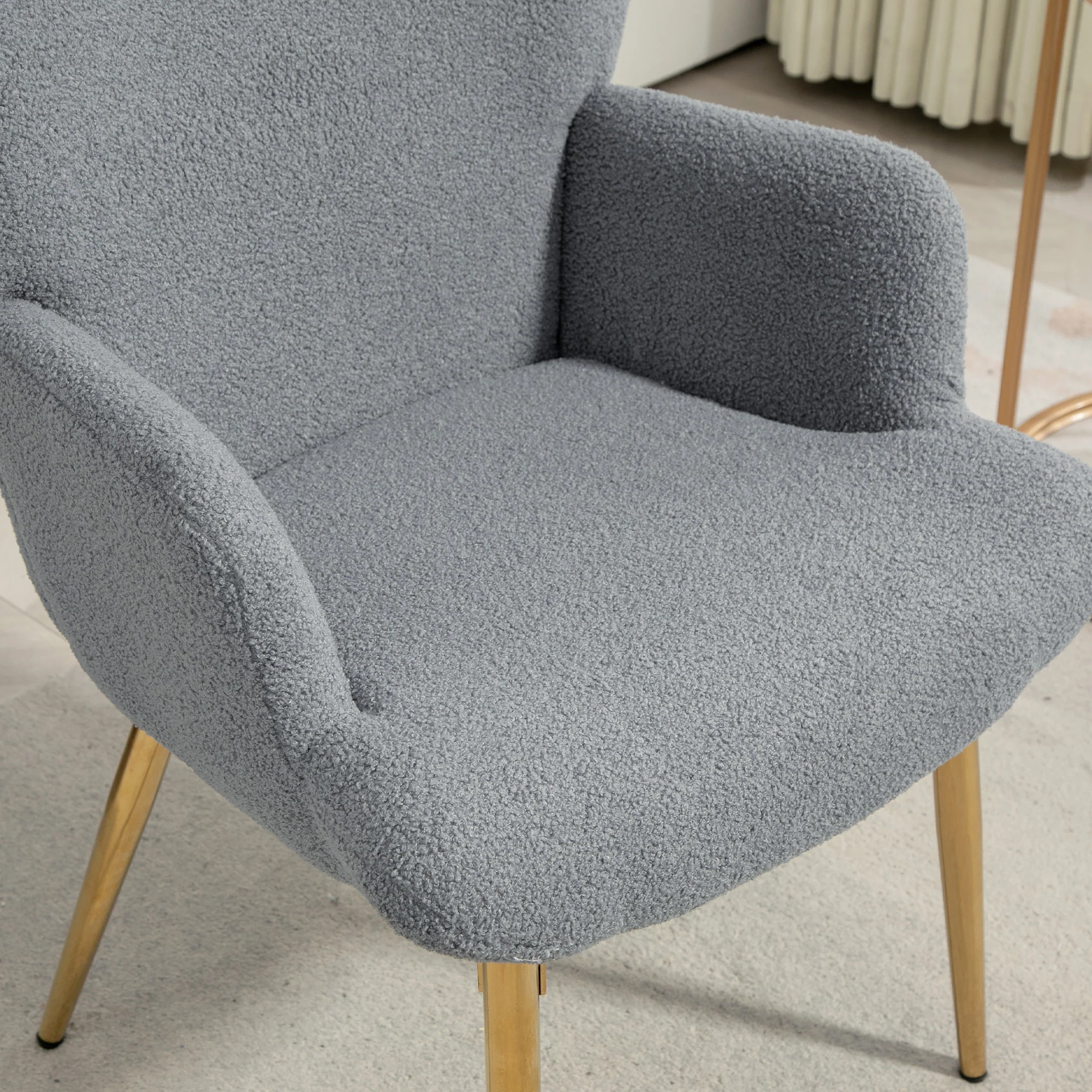 Sherpa Boucle Wingback Accent Chair with Metal Legs for Living Room Bedroom Grey - Image 9