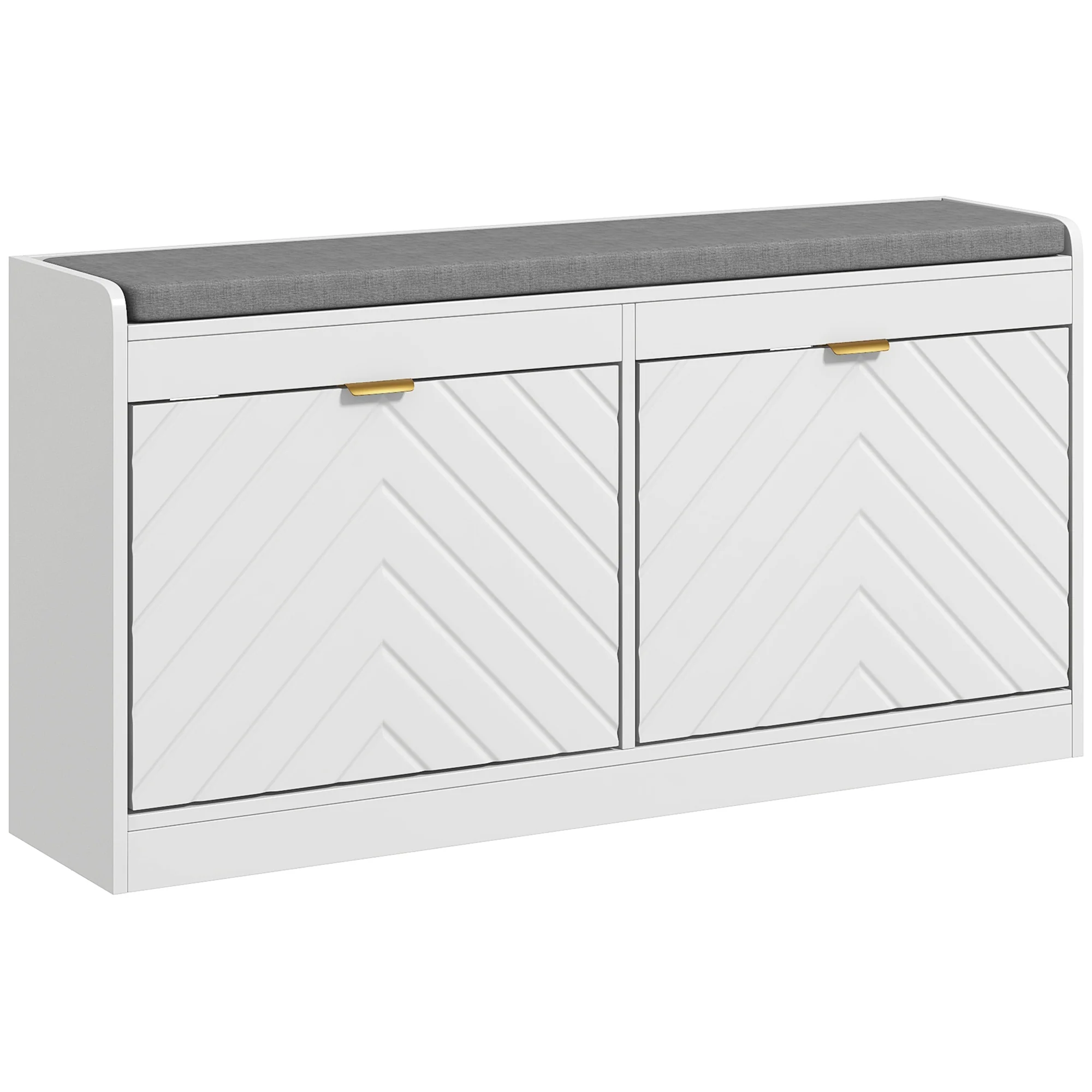 Entrance Shoe Bench with 2 Flip Drawers, Seating Cushion & 4 Vents for 8 Pairs of Shoes, White