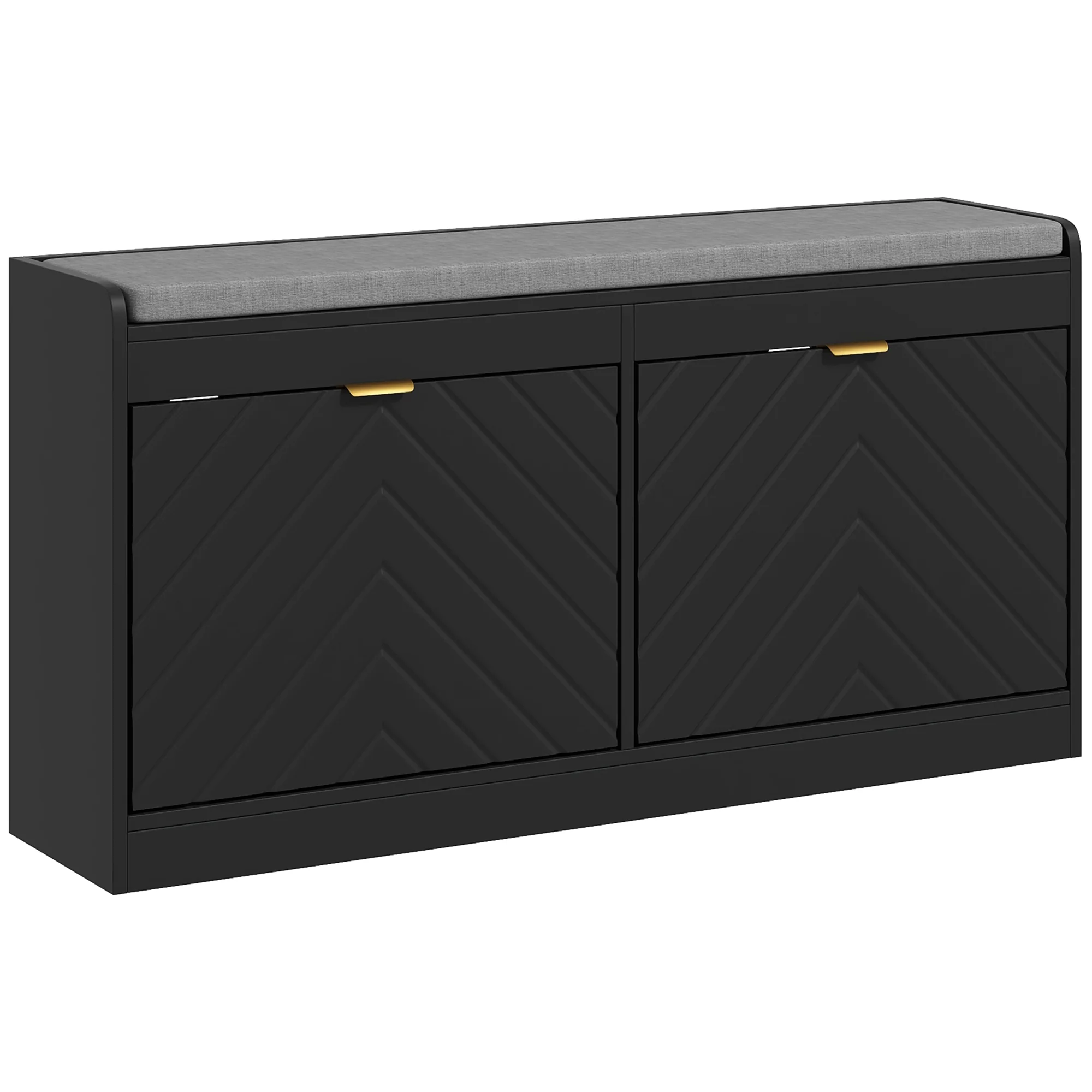 Entrance Shoe Bench with 2 Flip Drawers, Seating Cushion & 4 Vents for 8 Pairs of Shoes, Black