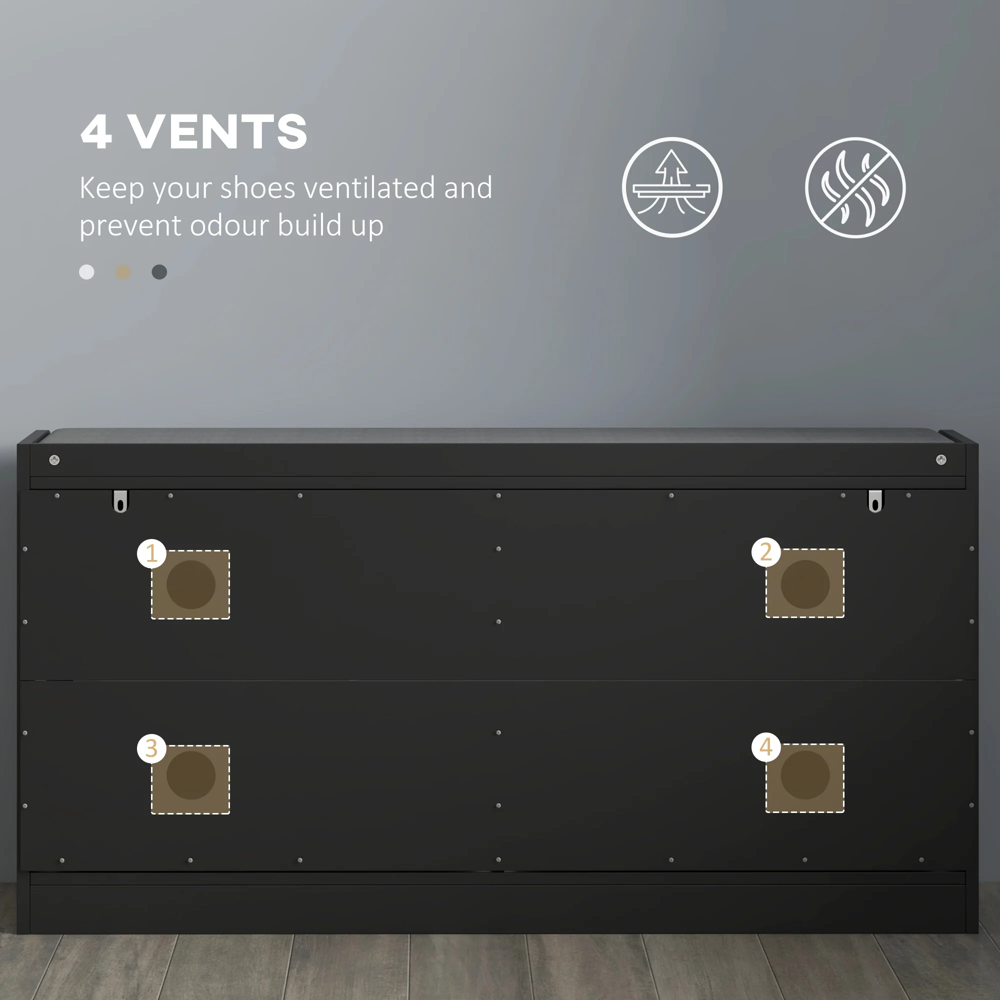 Entrance Shoe Bench with 2 Flip Drawers, Seating Cushion & 4 Vents for 8 Pairs of Shoes, Black - Image 10