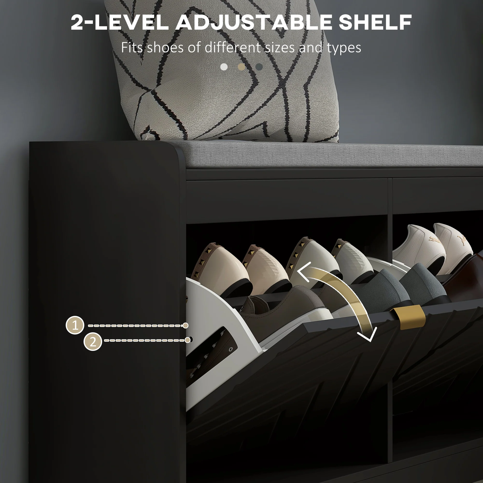 Entrance Shoe Bench with 2 Flip Drawers, Seating Cushion & 4 Vents for 8 Pairs of Shoes, Black - Image 7