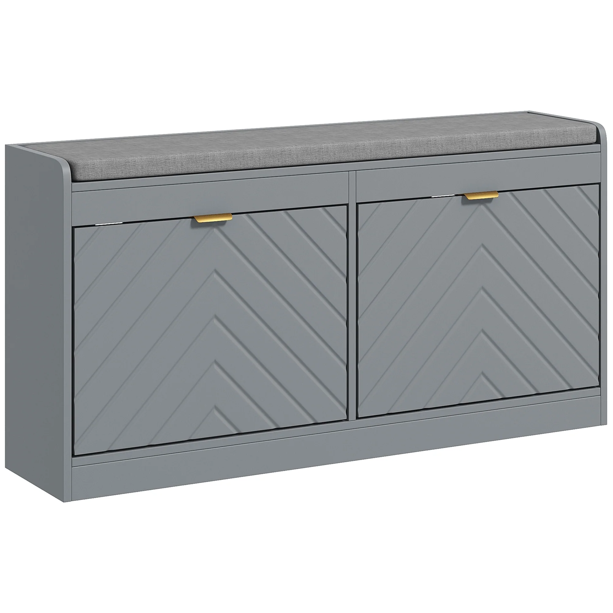 Entrance Shoe Bench with 2 Flip Drawers, Seating Cushion & 4 Vents for 8 Pairs of Shoes, Grey