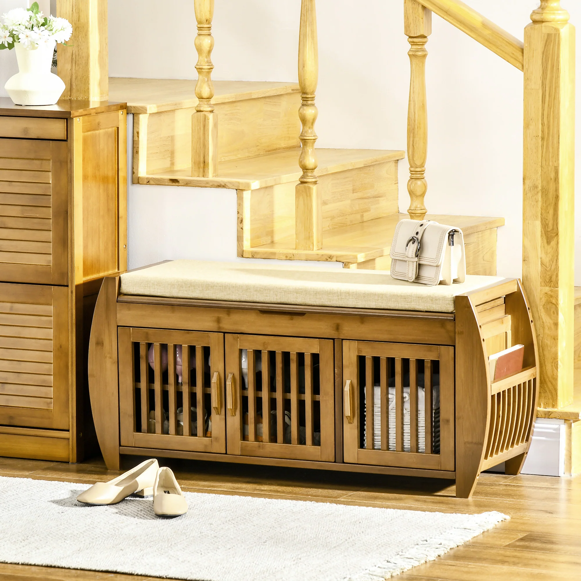 Entryway Shoe Bench with Storage Cabinets, Cushion, 3 Doors & Hidden Compartment, Brown - Image 3