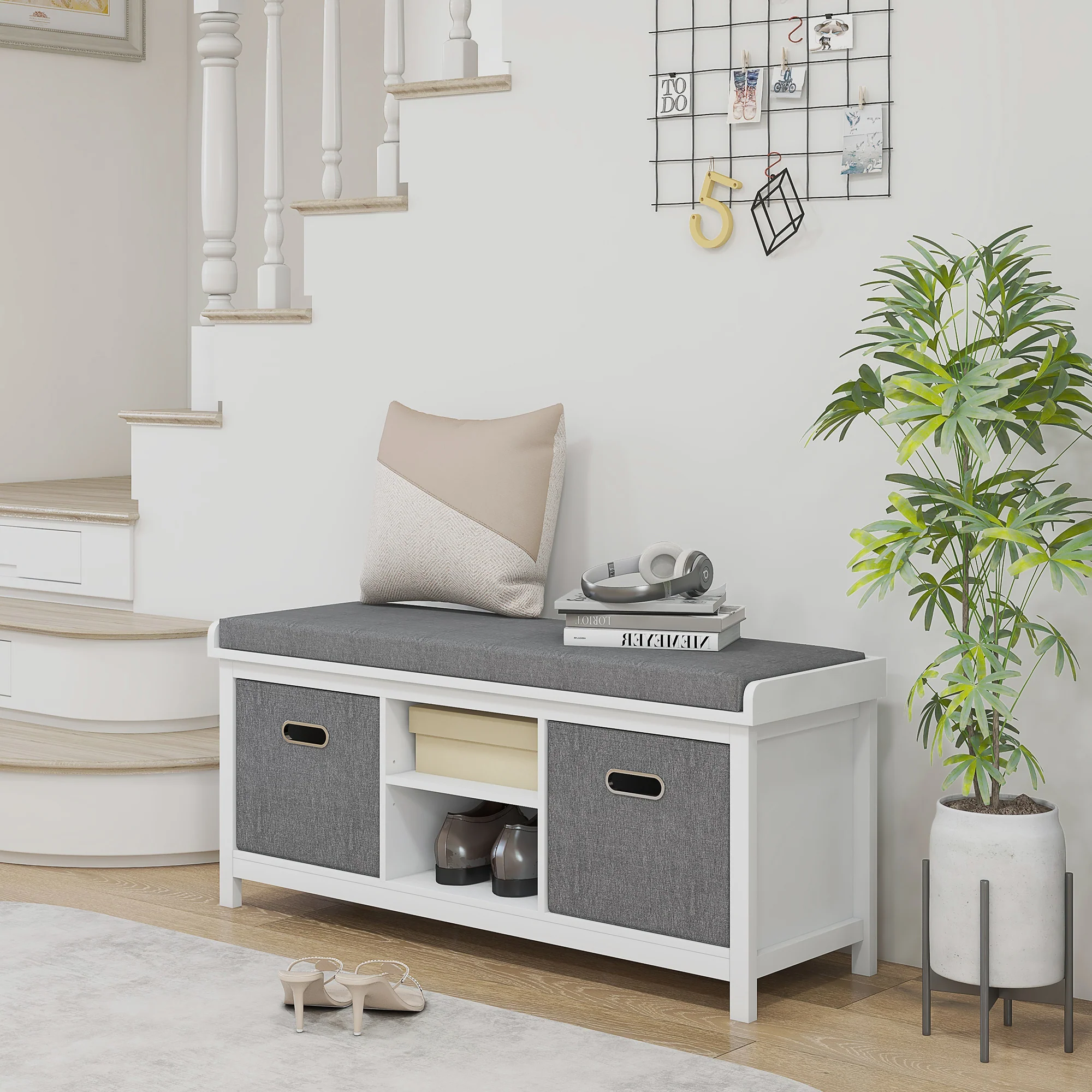 Entryway Shoe Bench, Storage Cushioned Bench with 2 Drawers and Adjustable Shelf, White - Image 3