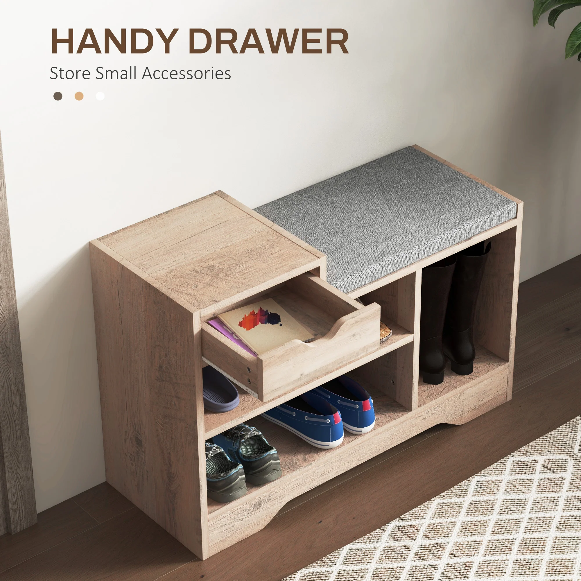 Shoe Bench with Storage, Modern Upholstered Entryway Bench with Drawer & Tabletop, Grey - Image 7