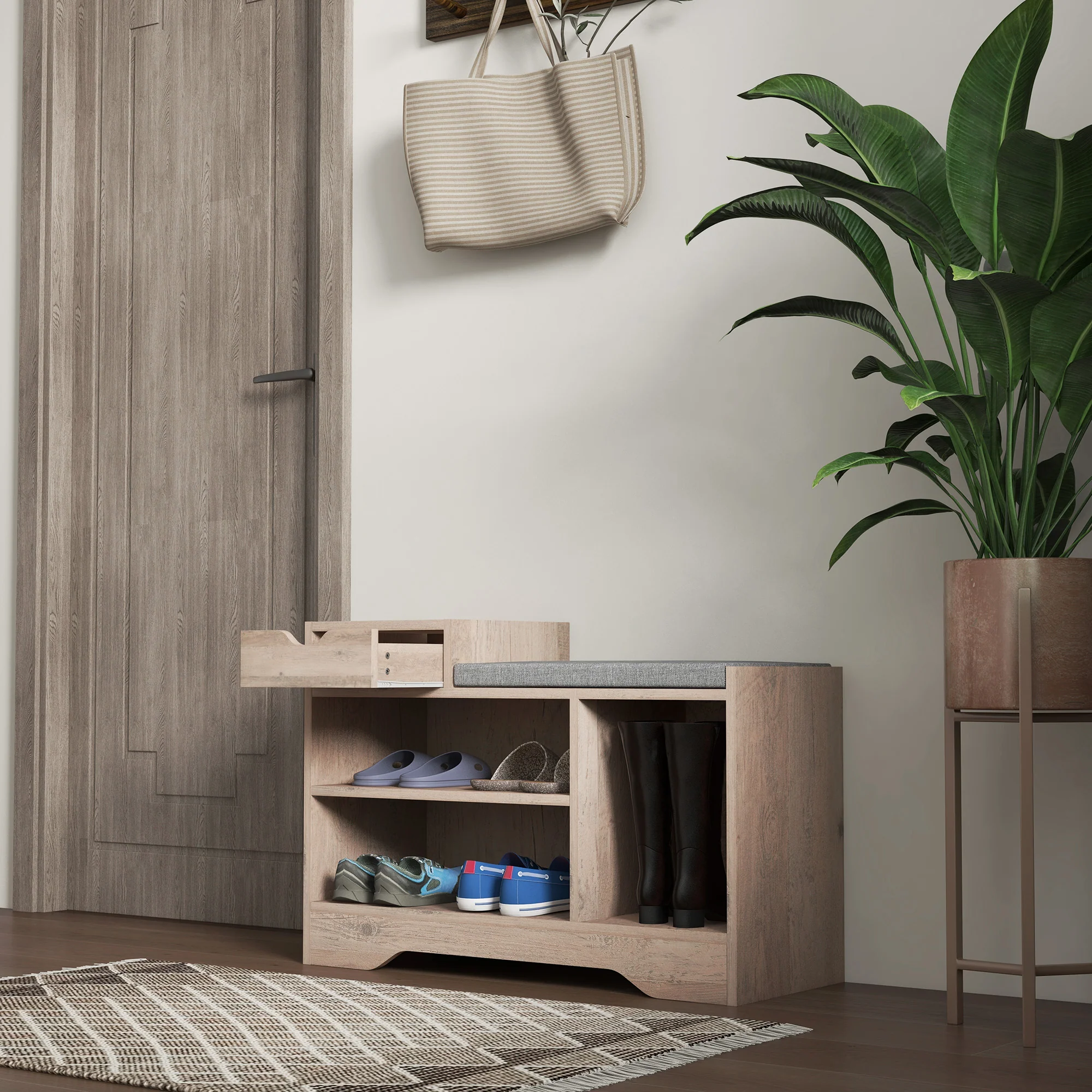 Shoe Bench with Storage, Modern Upholstered Entryway Bench with Drawer & Tabletop, Grey - Image 9