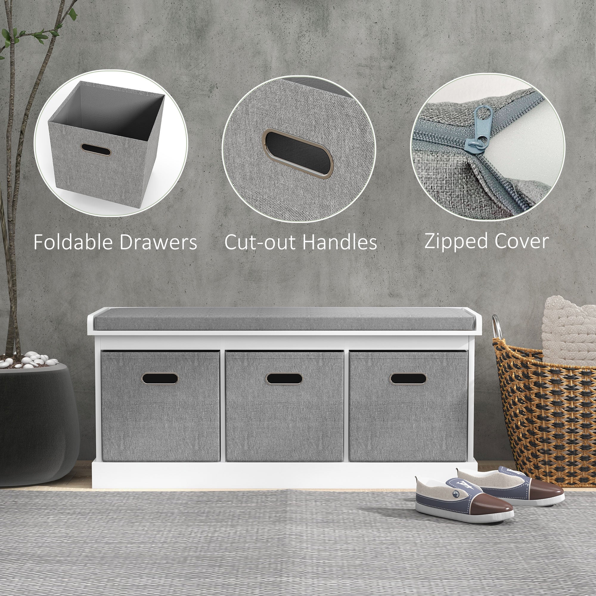 Shoe Bench with Seat, Entryway Shoe Bench with Cushion and 3 Fabric Drawers, White - Image 8