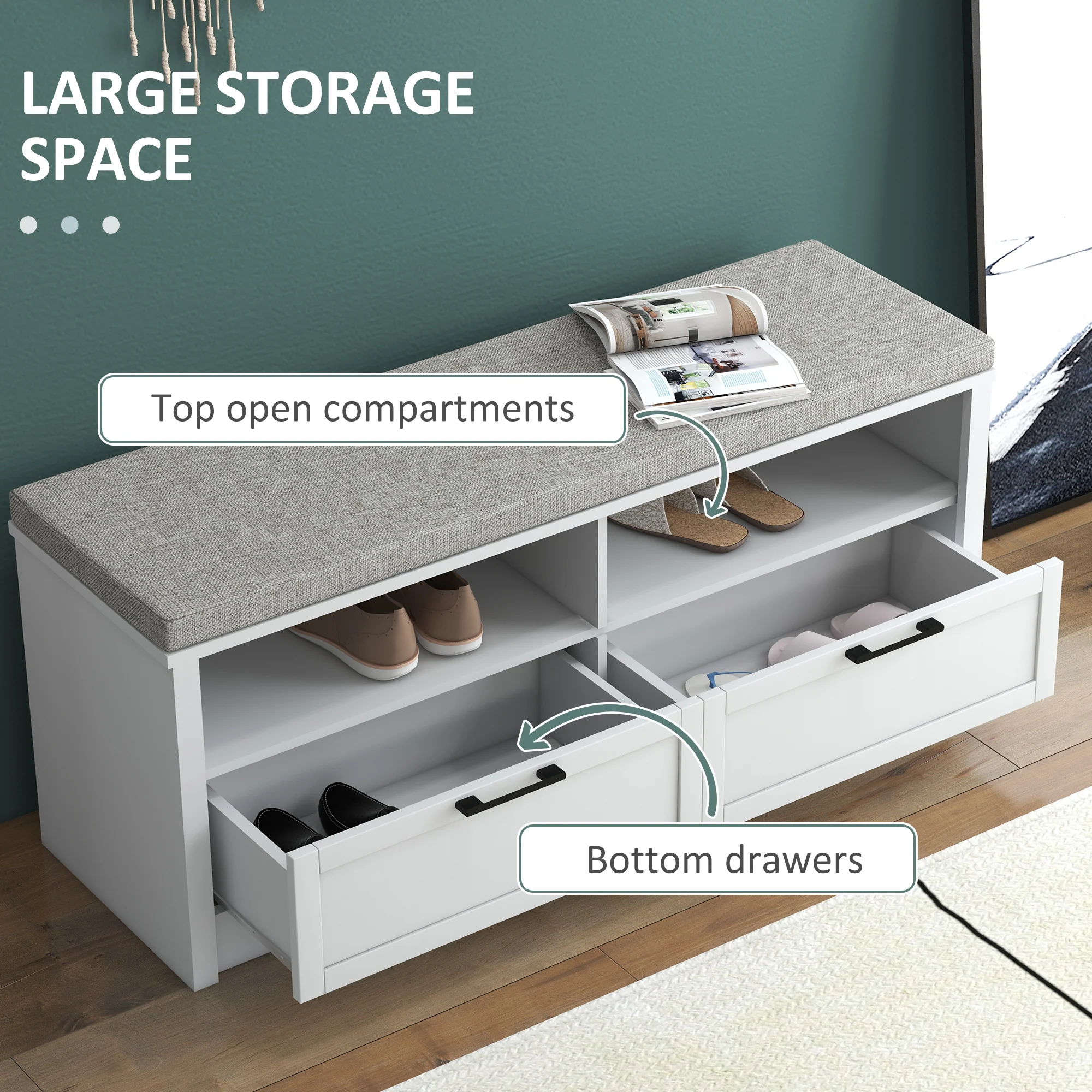Shoe Bench with Padded Seat, Open Compartments and Drawers for Entryway, Hallway - Image 6