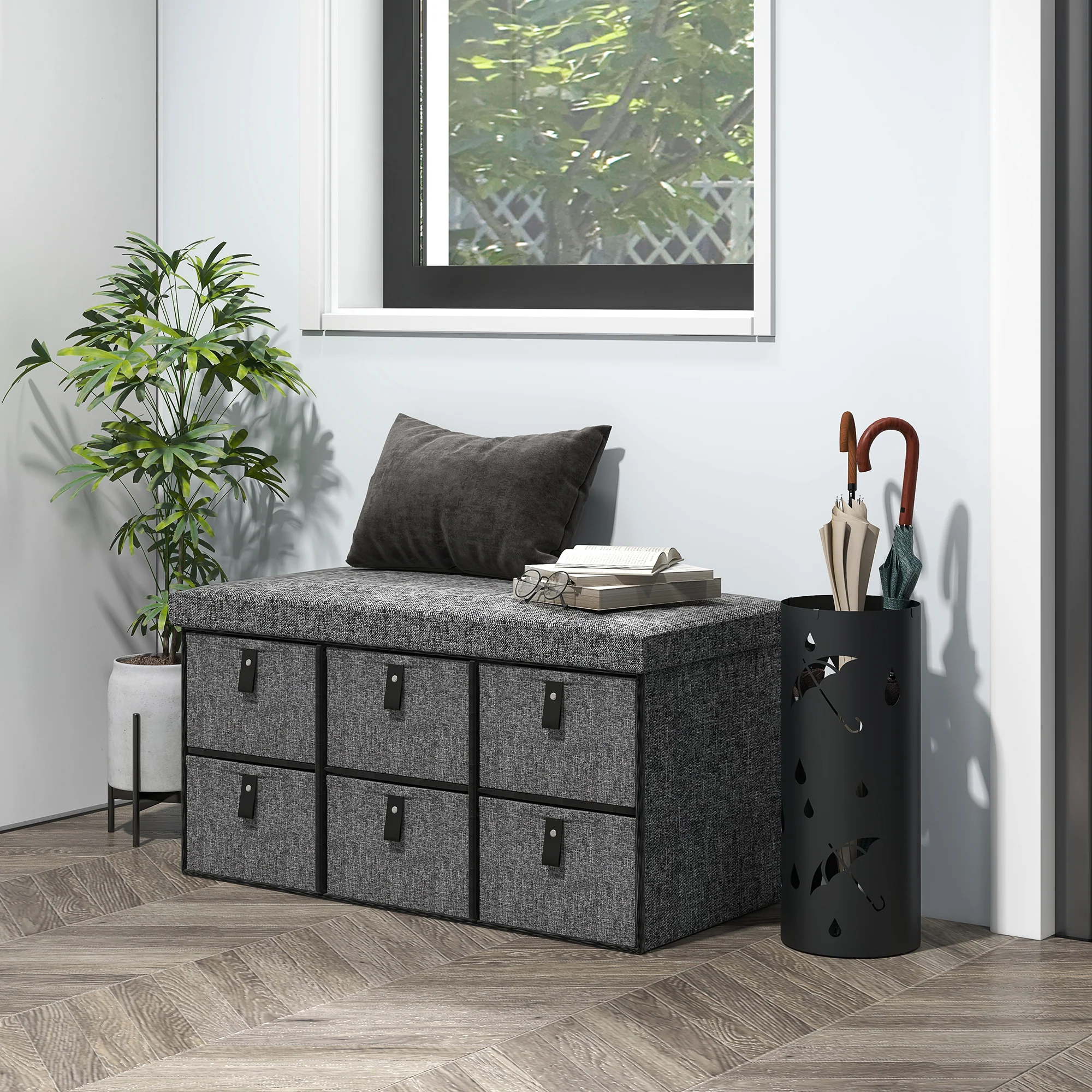 Shoe Storage Bench with Cushion and 6 Fabric Drawers for Entryway, Hallway, Dark Grey - Image 3