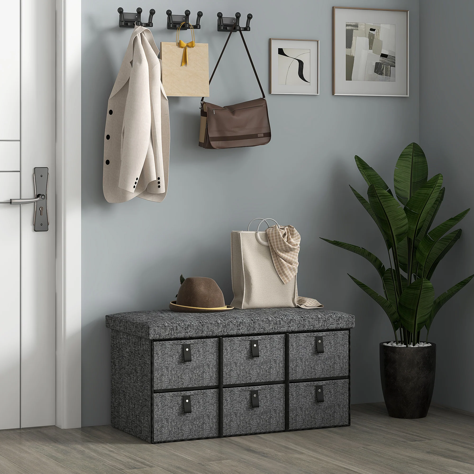 Shoe Storage Bench with Cushion and 6 Fabric Drawers for Entryway, Hallway, Dark Grey - Image 4