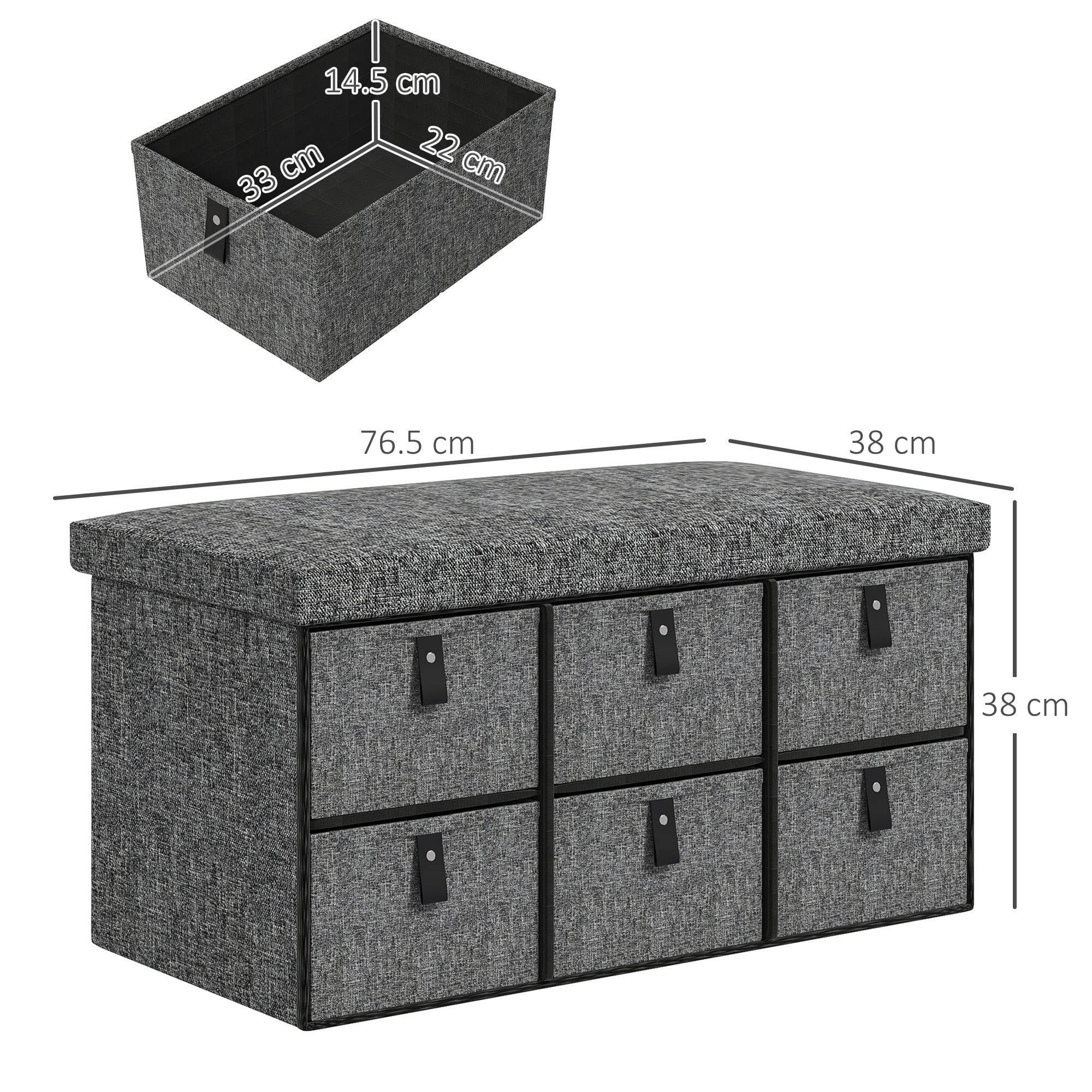 Shoe Storage Bench with Cushion and 6 Fabric Drawers for Entryway, Hallway, Dark Grey - Image 5