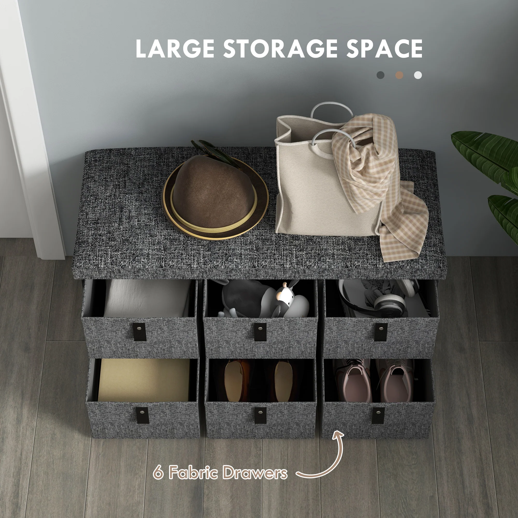 Shoe Storage Bench with Cushion and 6 Fabric Drawers for Entryway, Hallway, Dark Grey - Image 7