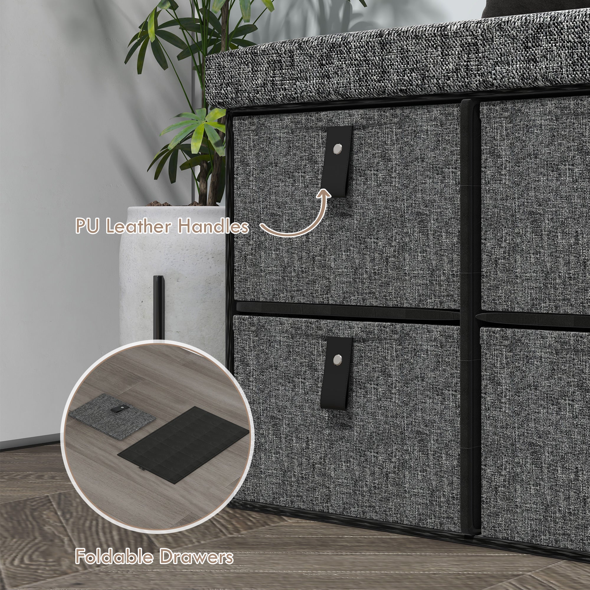 Shoe Storage Bench with Cushion and 6 Fabric Drawers for Entryway, Hallway, Dark Grey - Image 8