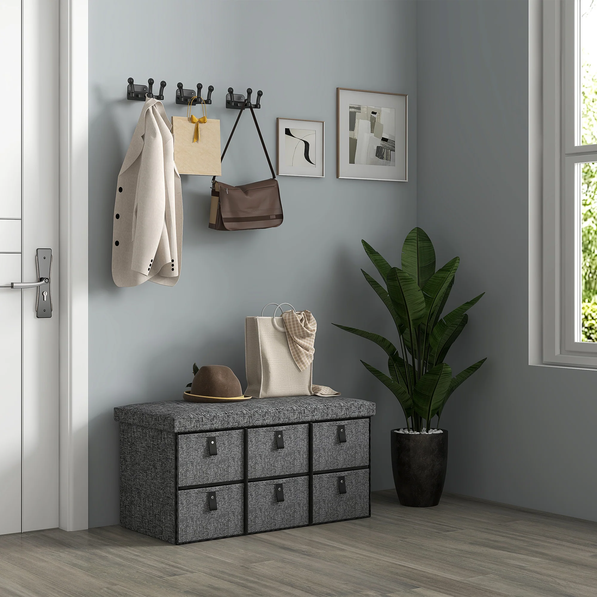 Shoe Storage Bench with Cushion and 6 Fabric Drawers for Entryway, Hallway, Dark Grey - Image 9