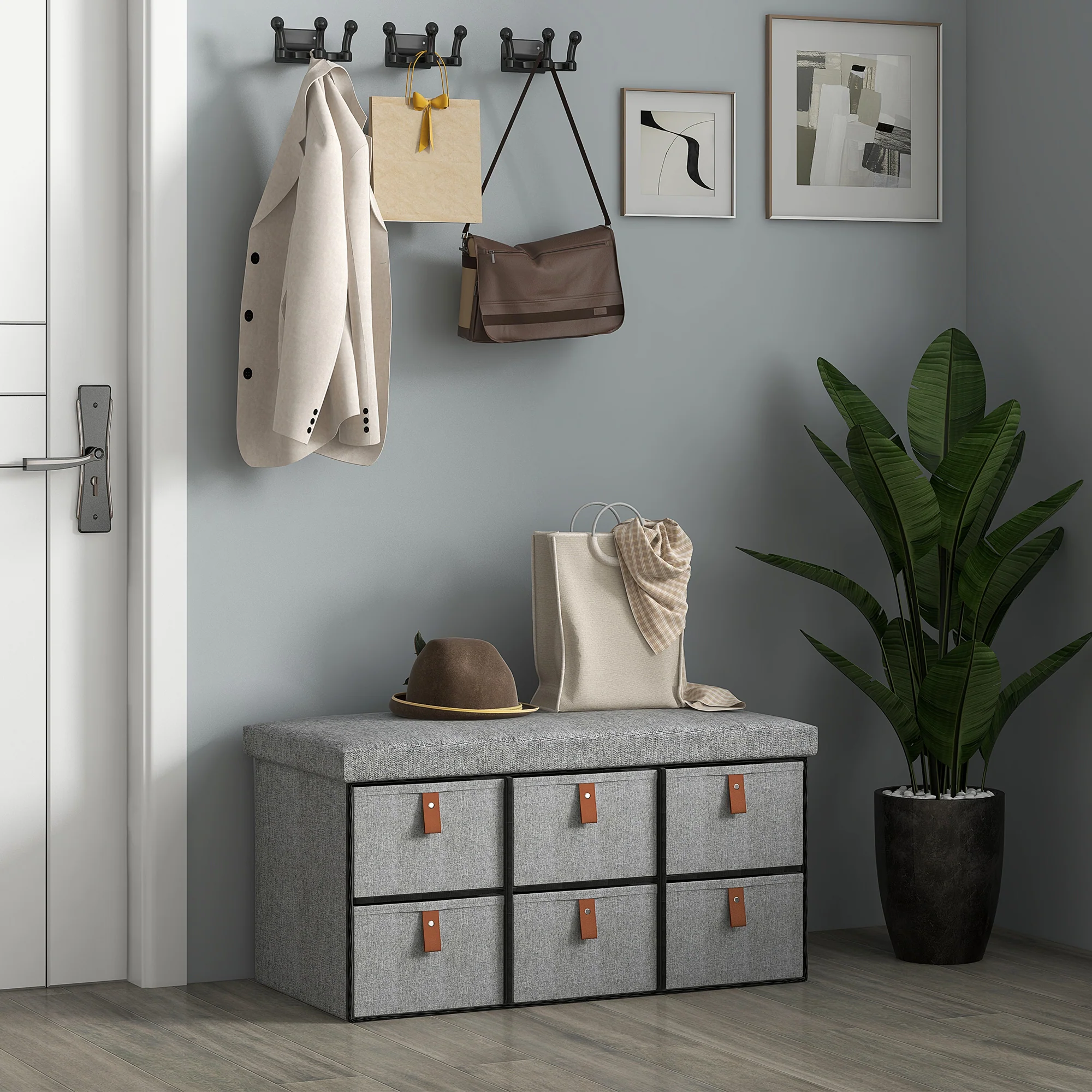 Shoe Storage Bench with Cushion and 6 Fabric Drawers for Entryway, Hallway, Light Grey - Image 4